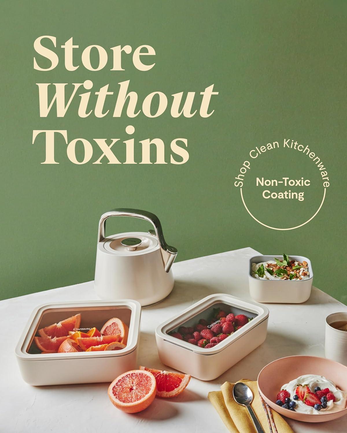 Caraway Home Cream 10-Cup Square Glass Food Storage Container with Lid