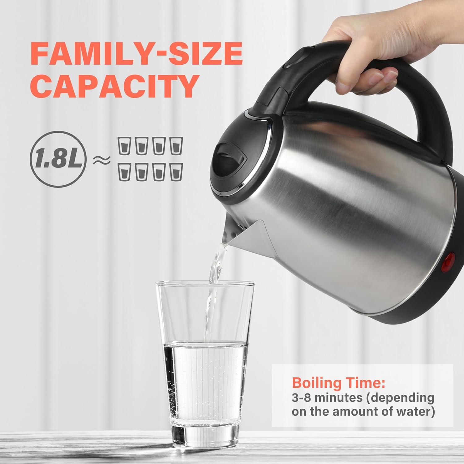 Stainless Steel Electric Tea Kettle, Electric Kettles for Boiling Water, 1.8L Electric Kettle, Cordless Water Boiler with 360 Degree Rotational Base, Automatic Shut Off, 1000W, Silver