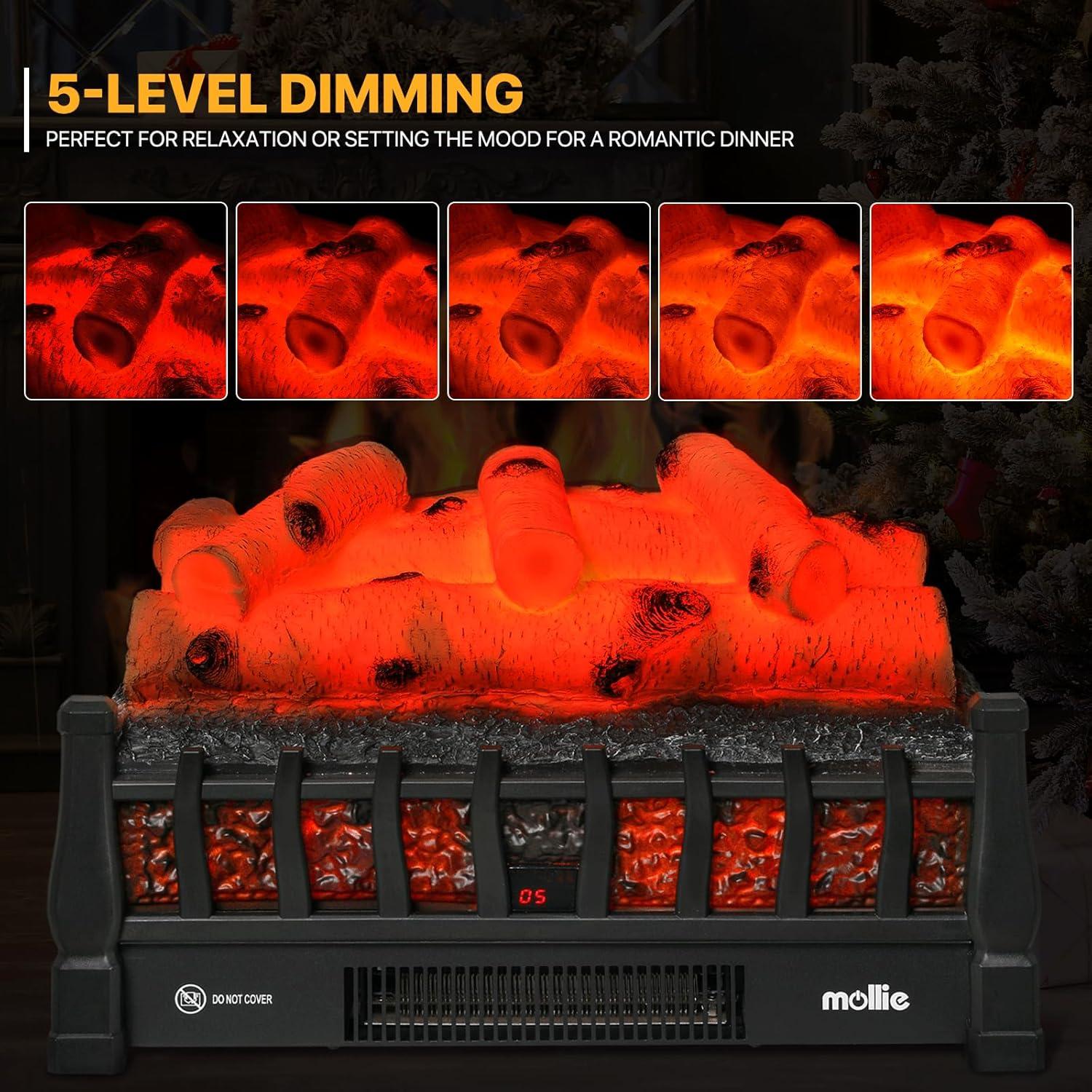 20" Electric Fireplace Log Set Heater with Realistic Ember Bed, Remote, Adjustable Flame Brightness