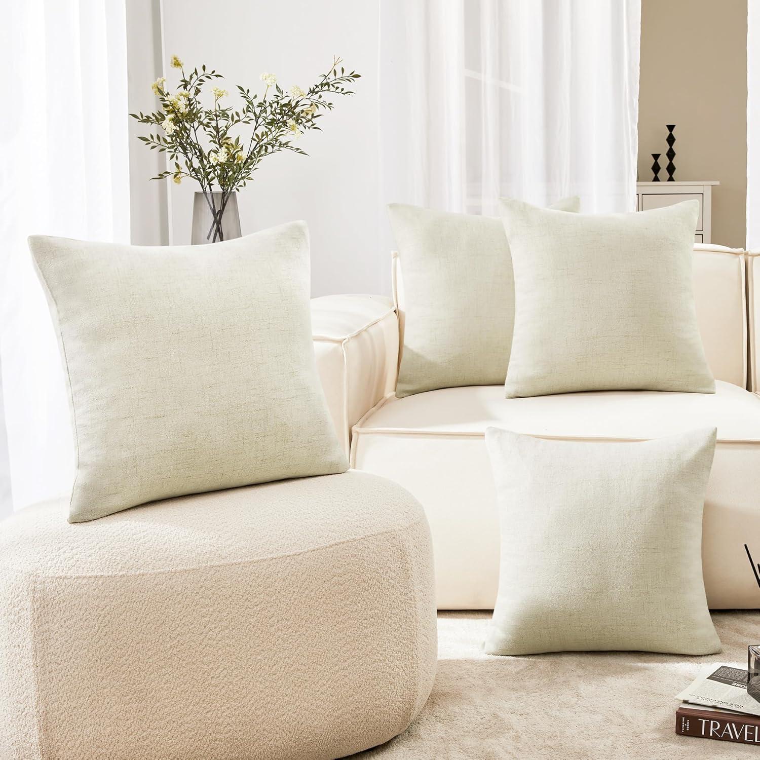 Deconovo Decorative Throw Pillow Covers - Set of 4 Soft Linen Cushion Covers, 20x20 Inch, Green & Machine Washable Pillowcases for Sofa, Bedroom, Living Room Décor, Beige