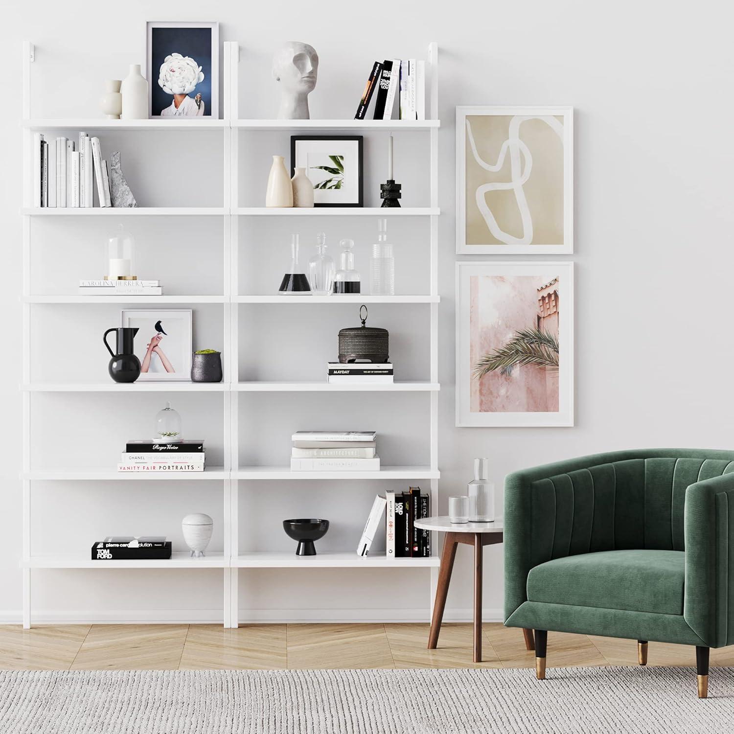Nathan James Theo 6-Shelf Tall Bookcase Wall Mount Bookshelf White Wood with White Metal Frame White
