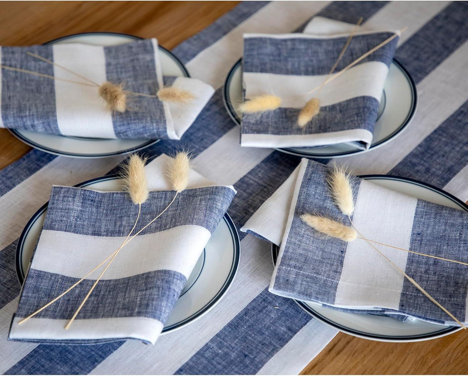 Solino Home Cabana Stripe - 100% Pure Linen Dinner Napkins (Set of 4)