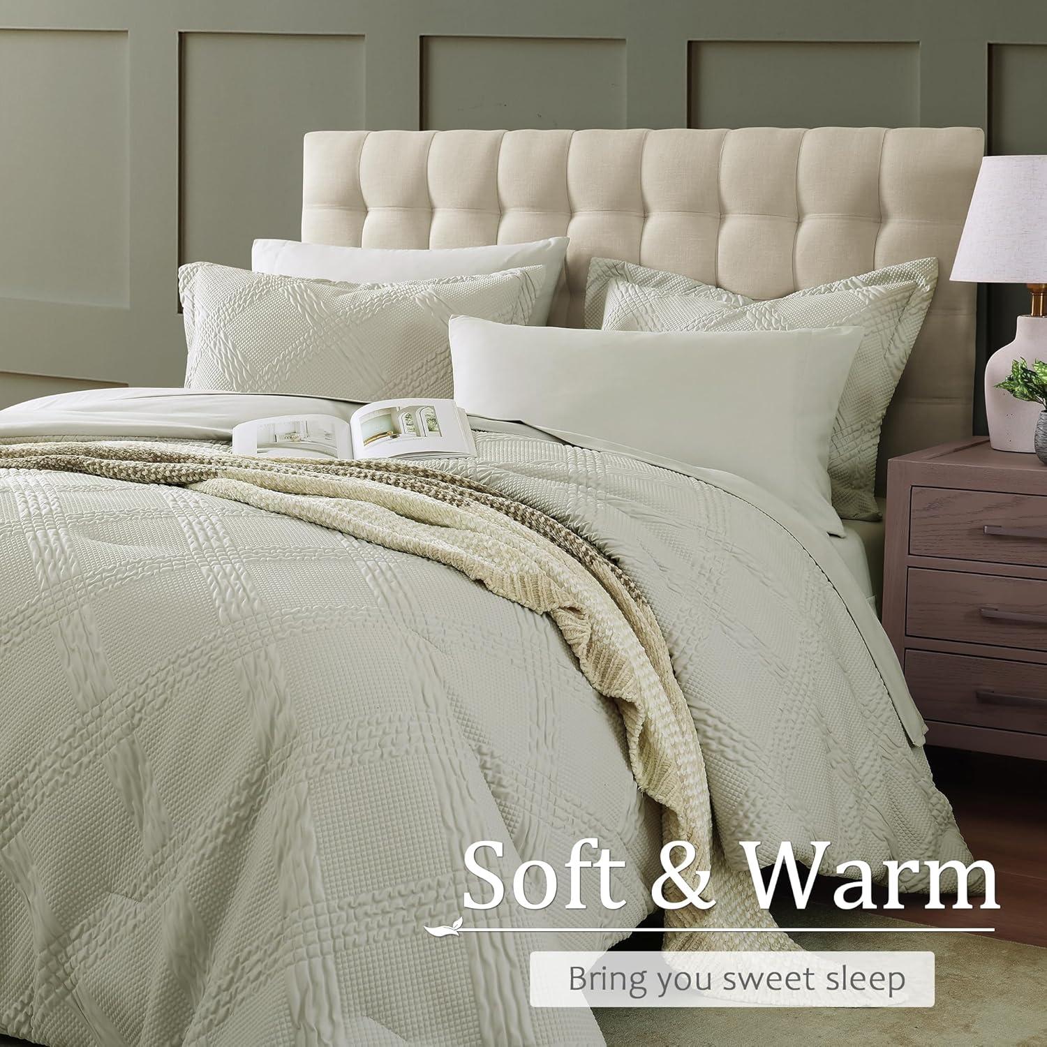 Geniospin Queen Comforter Set, Bed in A Bag 7-Pieces, Light Grey Textured All Season Comfortable Bedding Sets with Comforter, Sheets, Pillowcases & Shams (Light Grey, 90"x90")