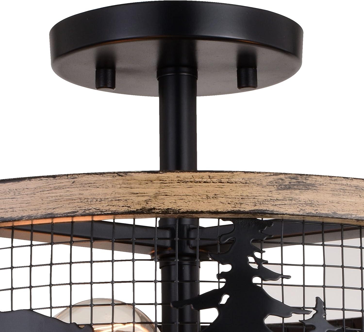 Kodiak 16-in W Black and Teak Rustic Semi Flush Mount Ceiling Light Bear and Tree Motif