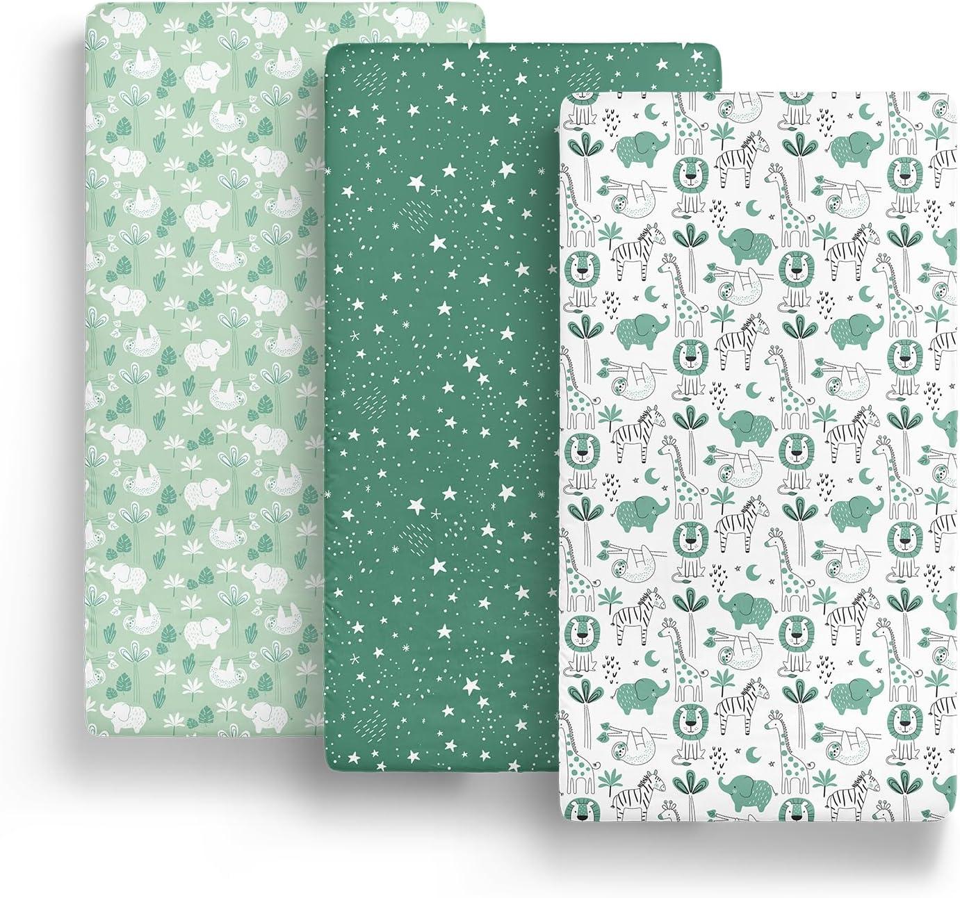 The Peanutshell Mini Crib Sheet Set - 3 Pack - Multiuse for Pack & Play, Playard, Playpen, Mini Crib - Green Safari Animals