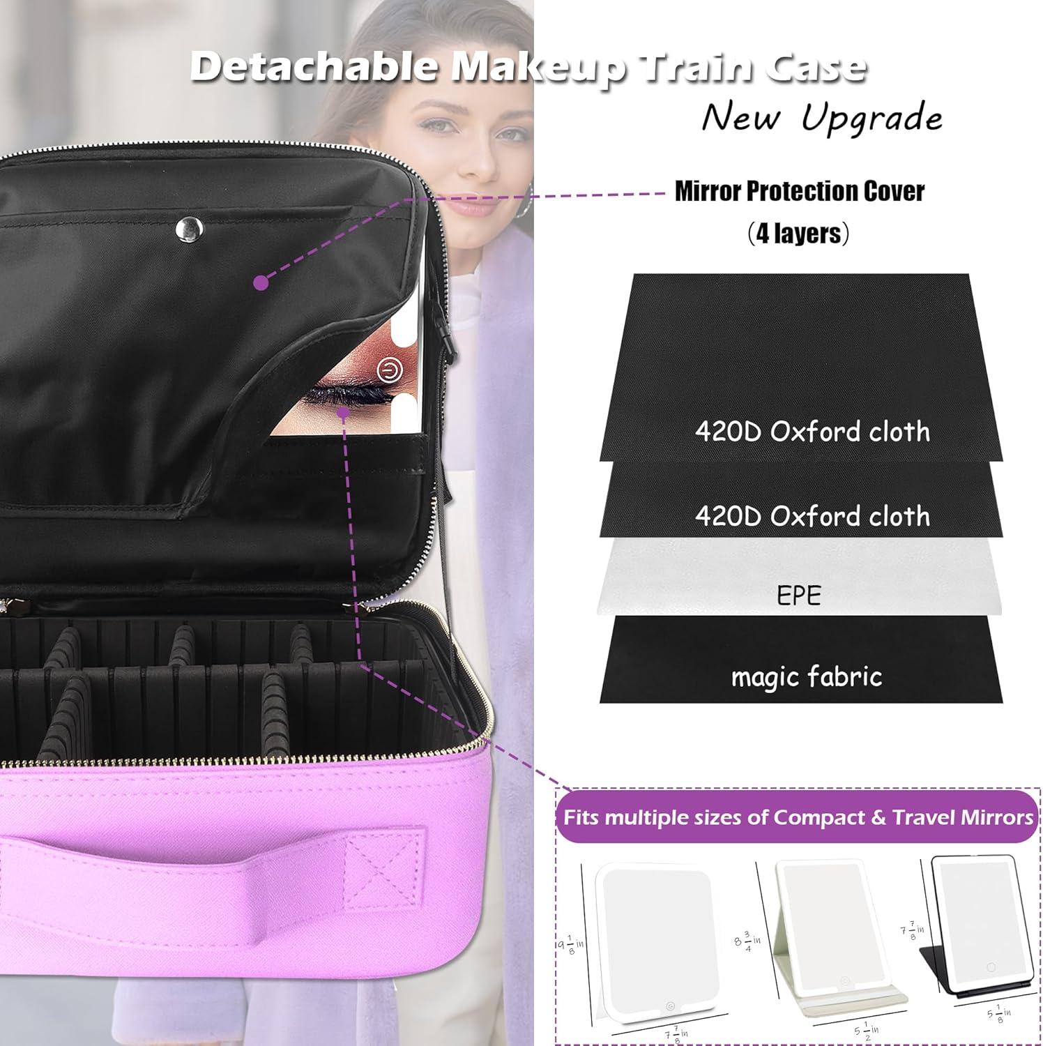 MOMIRA Travel Cosmetic Train Case with Lighted Mirror 3 Color Scenarios Cosmetic Bag Organizer with Adjustable Dividers Makeup Storage for Women, Makeup Accessories & Tools Case Purple