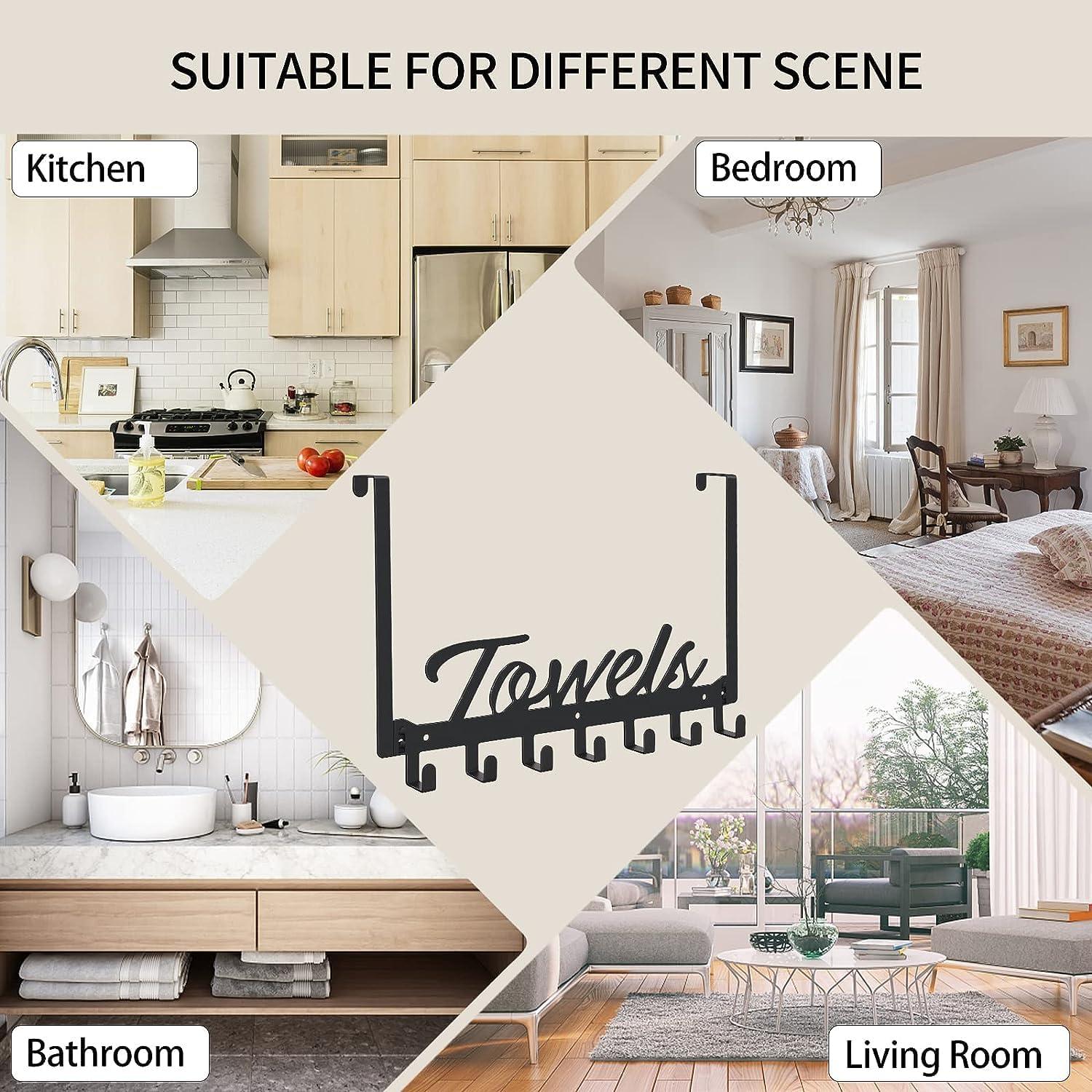 Over The Door Hooks - Heavy Duty Towel Rack with 6 Hooks for Bedroom, Bathroom, Kitchen - Holds Towels, Bags, Coats, Hats - Black