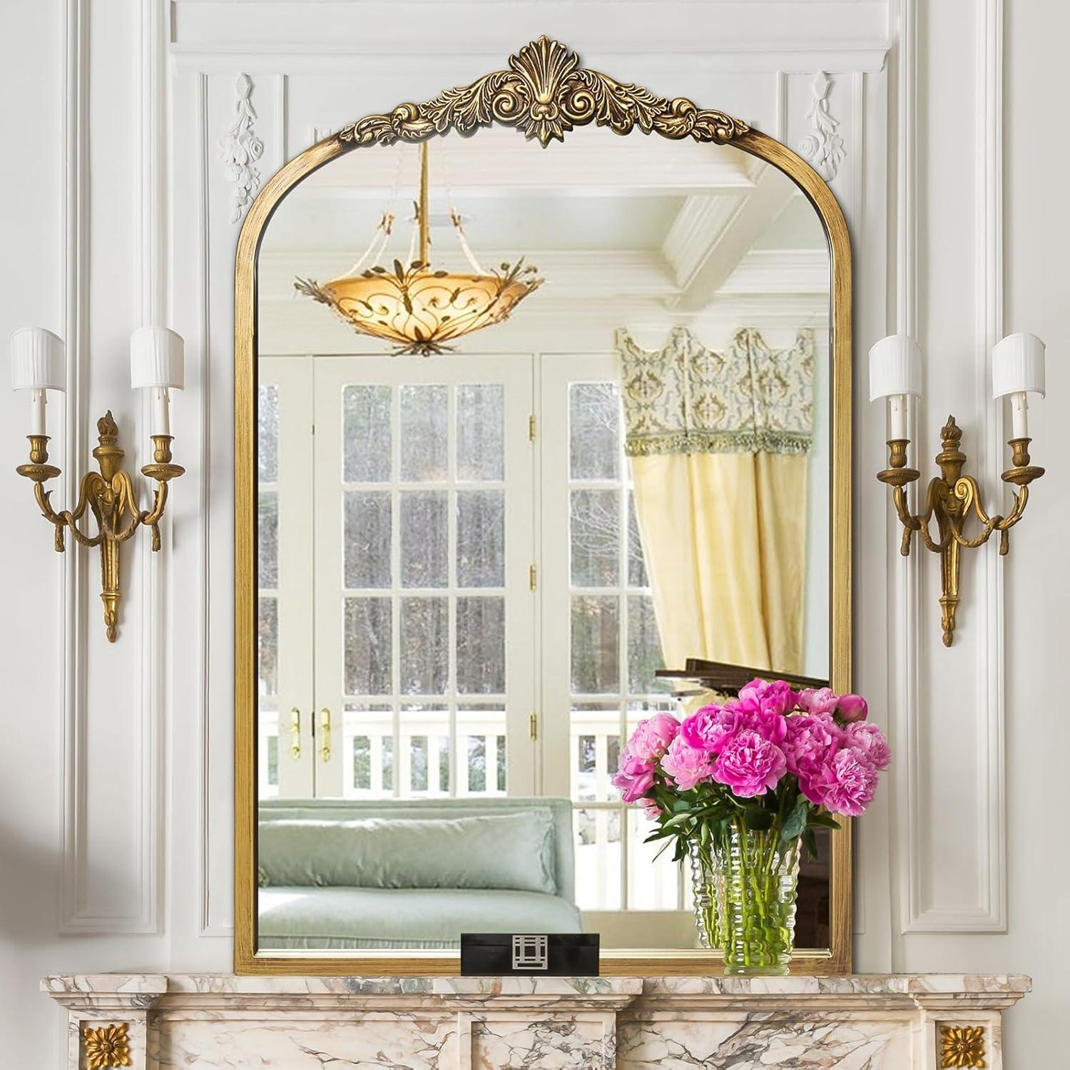 BohoBliss 24"X36" Gold Vintage Mirror for Wall, Antique Arch Mirror, Victorian Ornate Baroque Mirror for Wall, Mantel, Fireplace, Living Room, Hallway, Bathroom, Bedroom, Entryway
