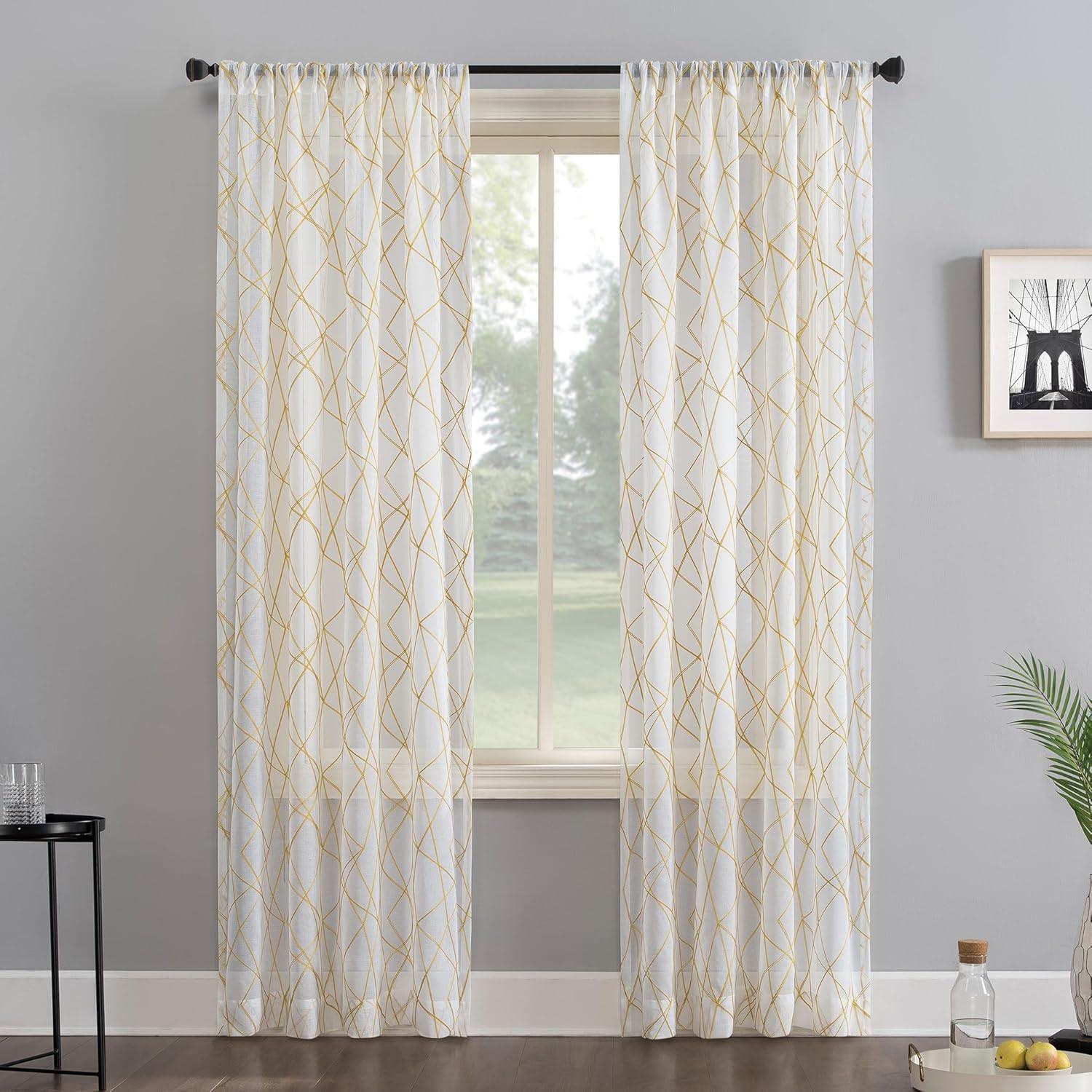 50"x84" No. 918 Light Filtering Abstract Geometric Embroidery Rod Pocket Curtain Panel Gold: Modern Window Decor