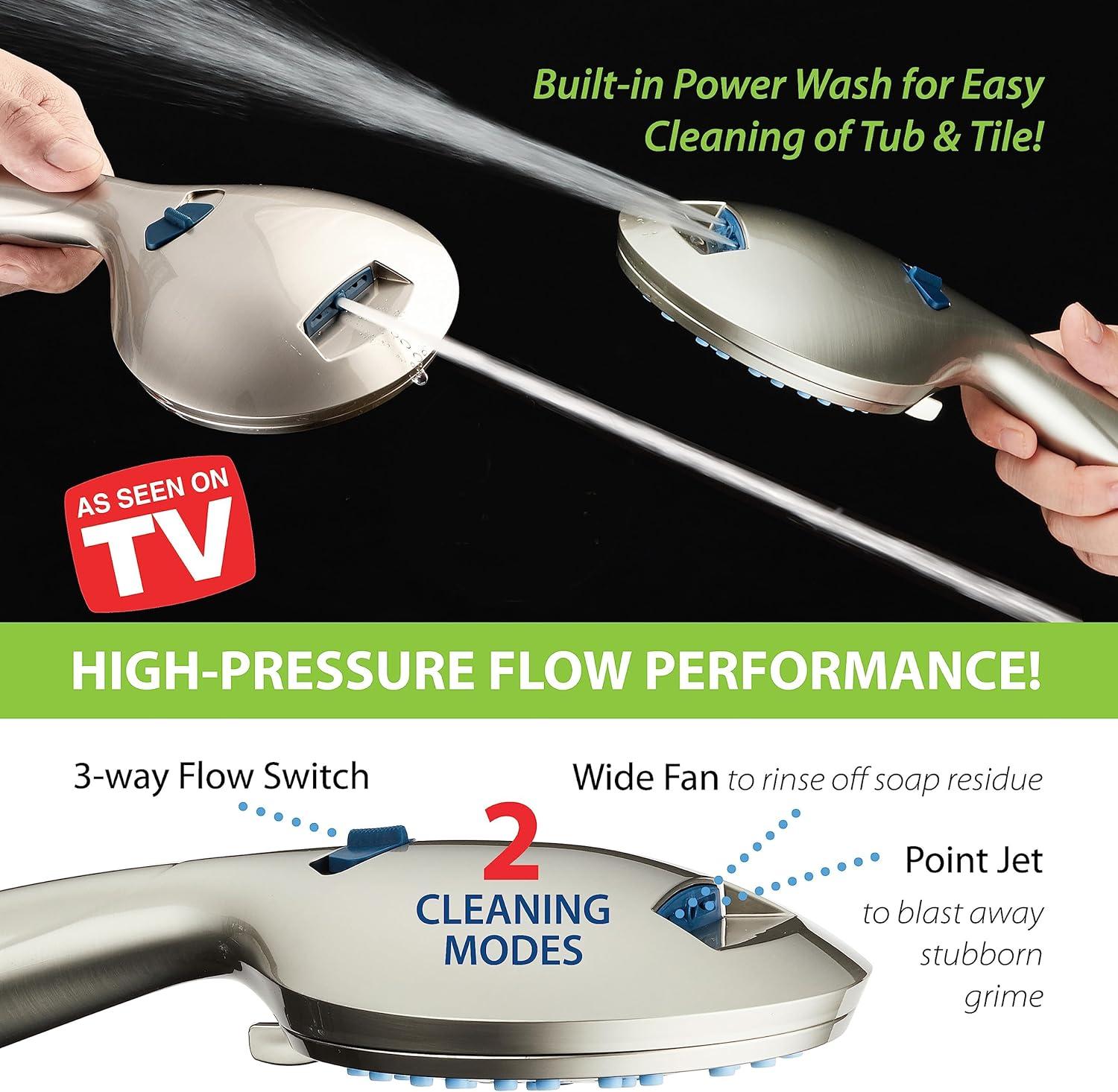 High Pressure 8-Mode Handheld Shower Head, Anti-Clog Nozzles, Built-In Power Wash To Clean Tub, Tile & Pets, Extra Long 6 Ft. Stainless Steel Hose, Wall & Overhead Brackets