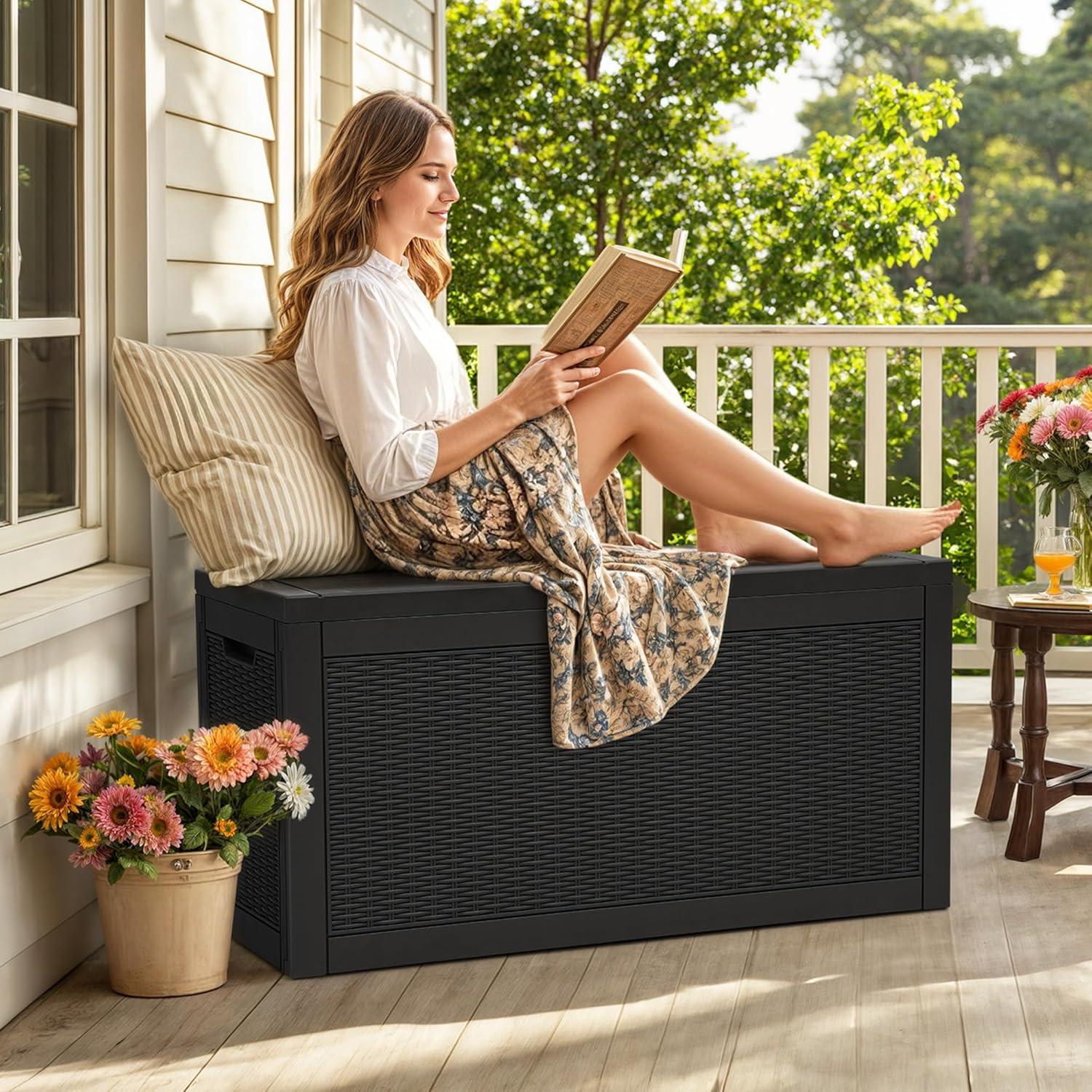 YITAHOME 32 Gallon Rattan Deck Box, Indoor Outdoor Storage Box for Patio Furniture, Pool Accessories, Cushions, Garden Tools, Sports Equipment, Waterproof Resin with Lockable Lid & Side Handles, Black