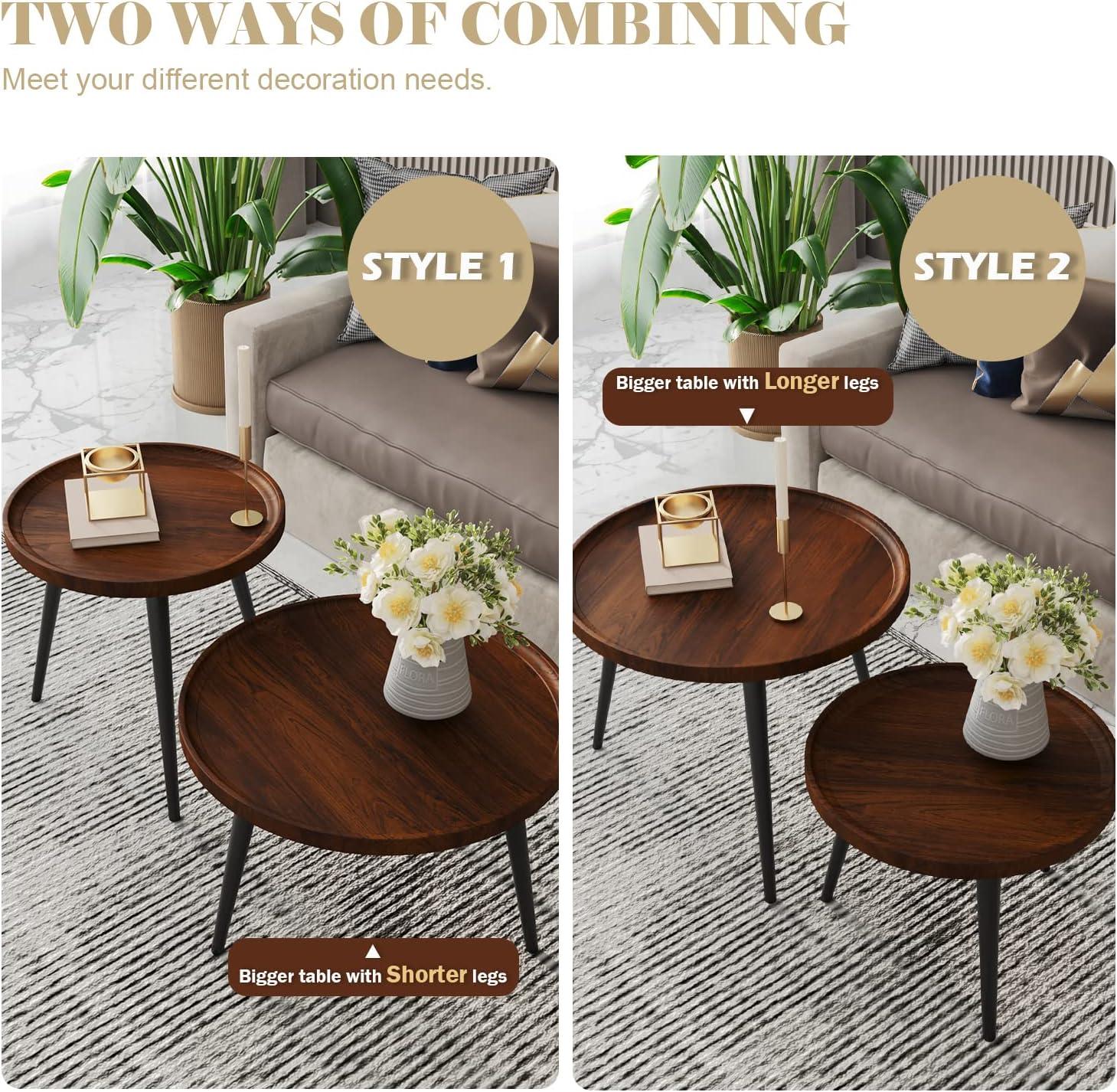 2-Piece Modern Round Coffee Table Set for Living Room,Easy Assembly Nesting Coffee Tables,Walnut Color Circle End Side Tables for Bedroom Office Balcony Yard