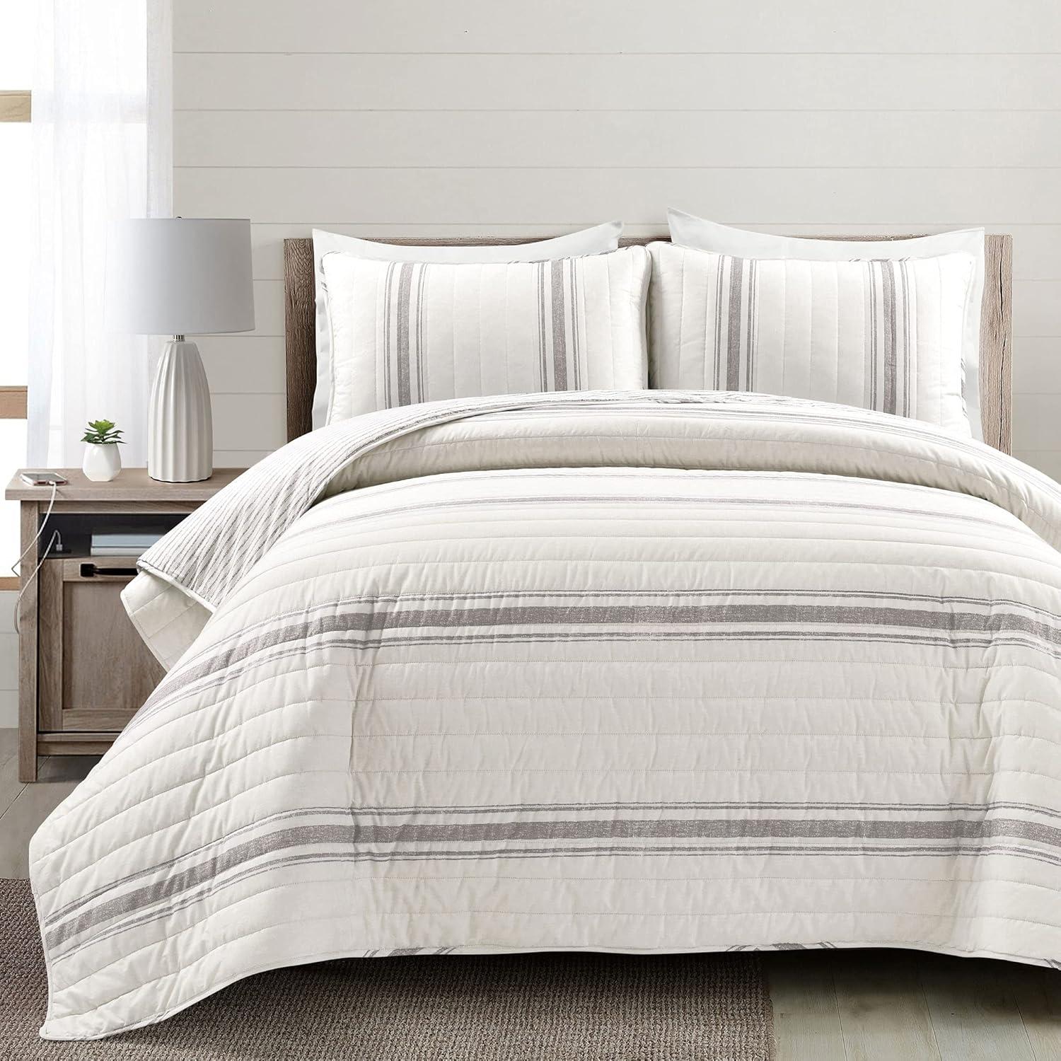 3pc King Farmhouse Striped Reversible Quilt Bedding Set Gray - Lush Décor