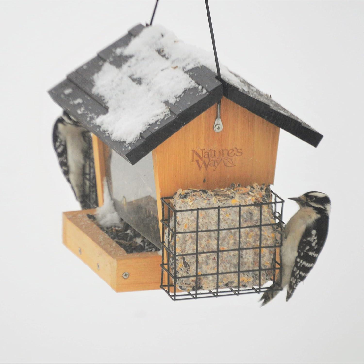 Nature's Way Bird Products 3qt Cedar Hopper Feeder with Suet Cages 8.5": Attracts Cardinals & Woodpeckers, Easy Clean