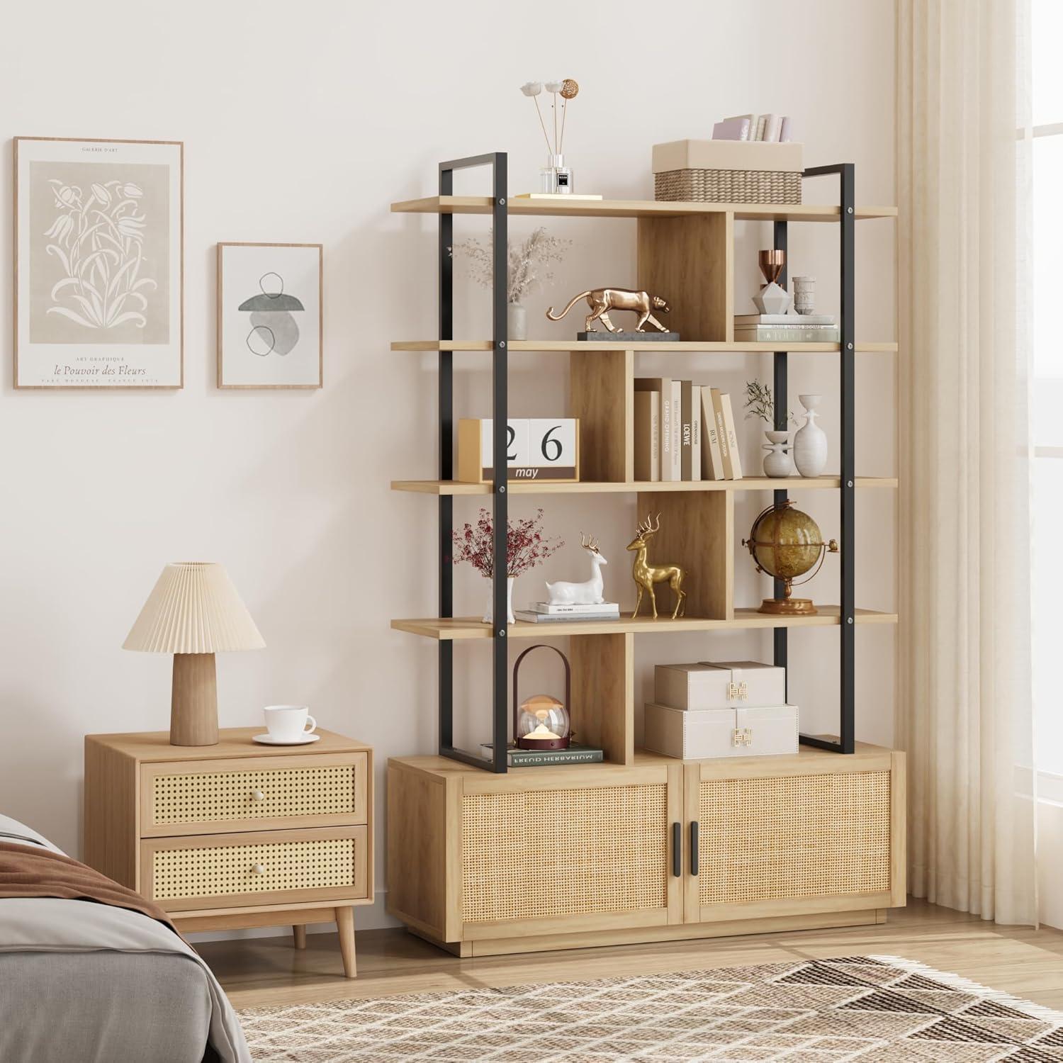 5 Tier Rattan Bookshelf with Storage Cabinet & Door, 71.1 Inch Tall Industrial Book Shelf,5 Shelf Bookcase with Metal Frame-Burlywood