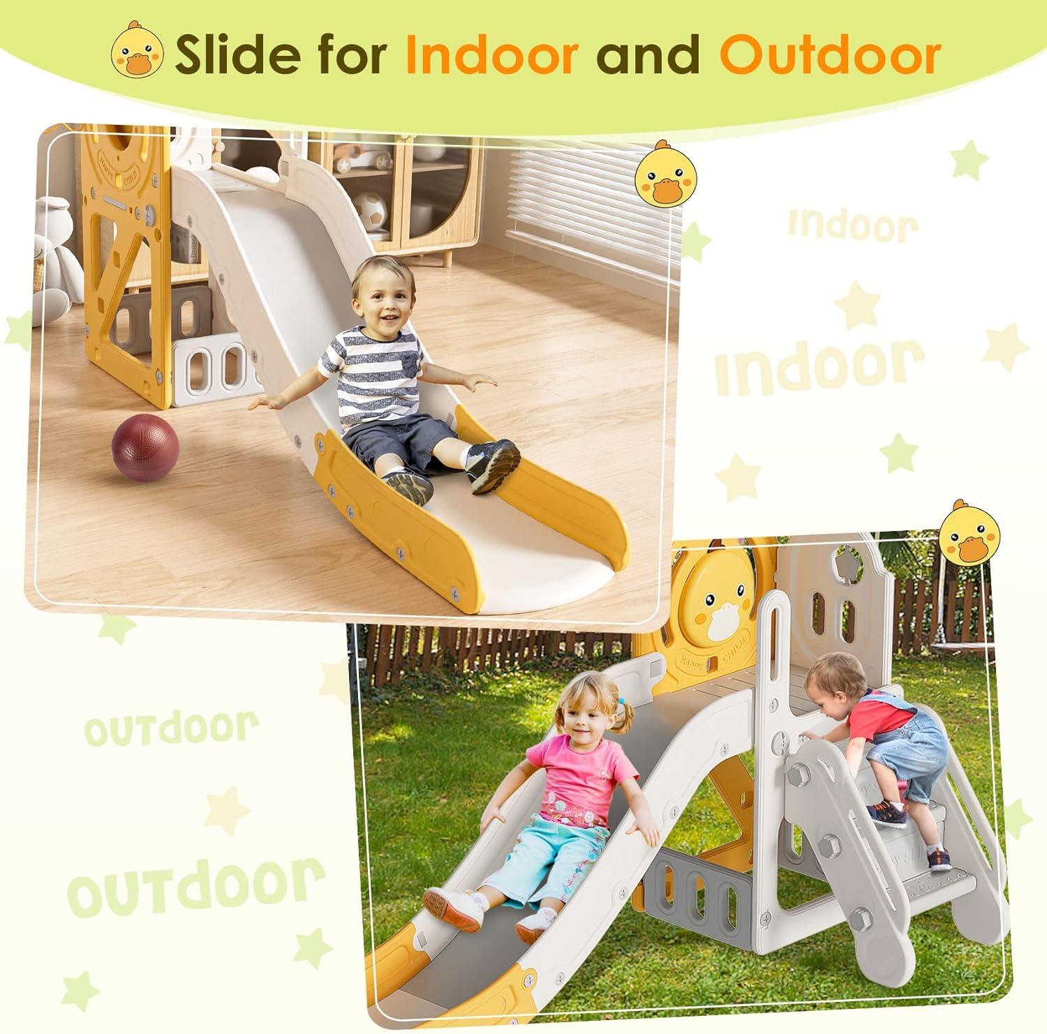 Suteck 5 in 1 Toddler slide, Kids Slide with Climber Outdoor Indoor Slide Cute Duck Theme Playset