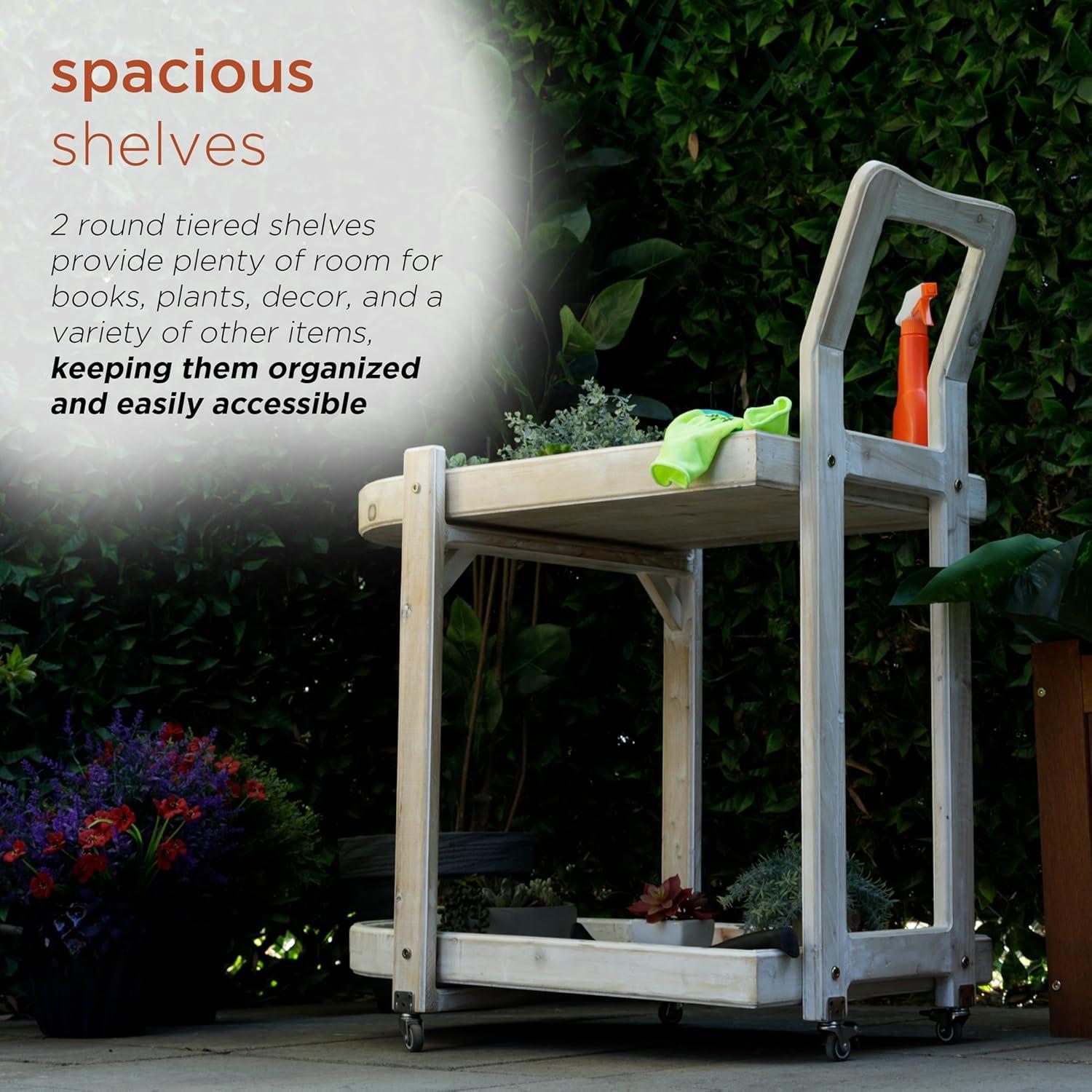 Alpine Corporation MBB174 Wood 2-Tier Rolling Storage Cart for Books, Plants, Decor, Rustic Storage Push Cart with 2 Shelves