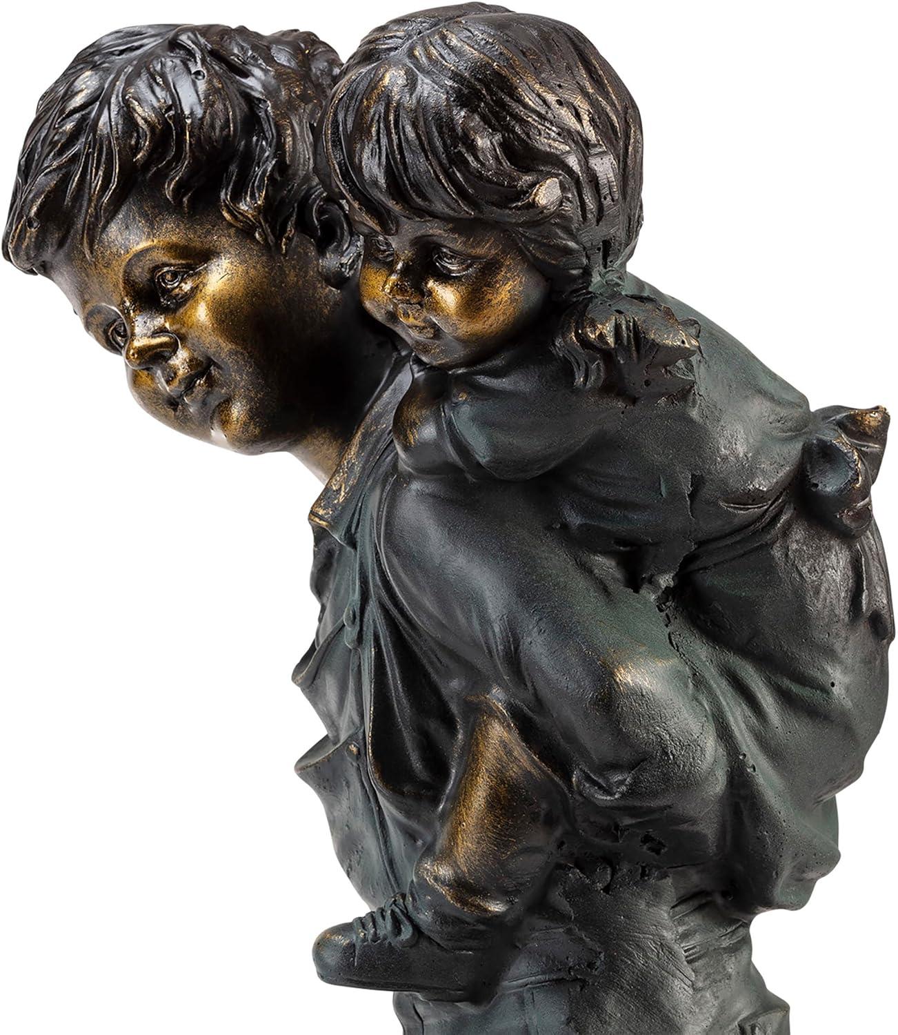 Alpine Corporation 16" Polyresin Girl and Boy with Dog Sitting on Bench Sculpture Bronze: Durable Outdoor Decor, Magnesium Oxide, Rust-Resistant