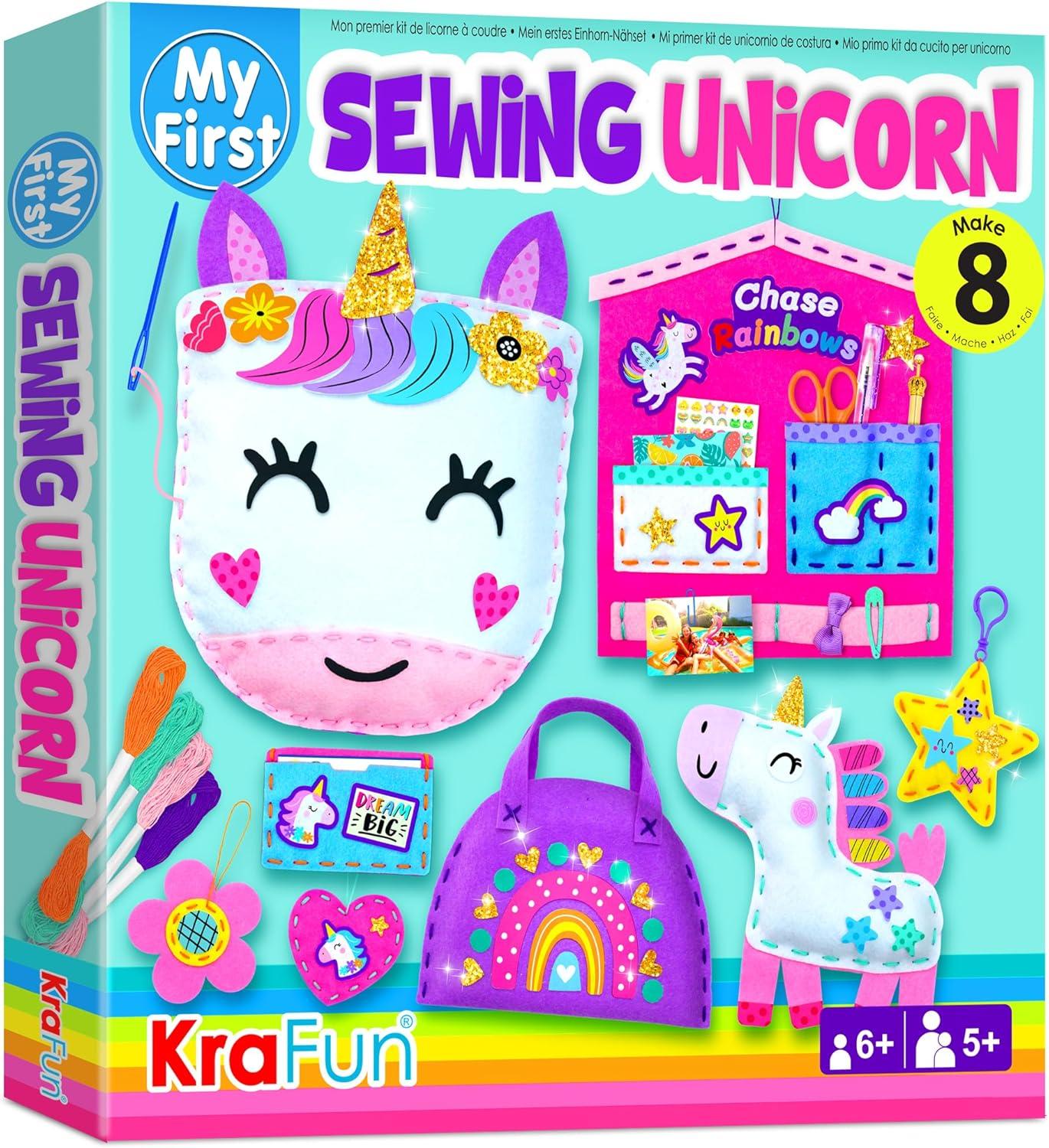 KRAFUN My First Unicorn Kids Sewing kit, Beginner Arts & Crafts, Make 8 Cute Projects with Plush Stuffed Animal, Pillow, Mobile, Keyring and Bag, Instructions & Felt for Learn Sewing, Embroidery