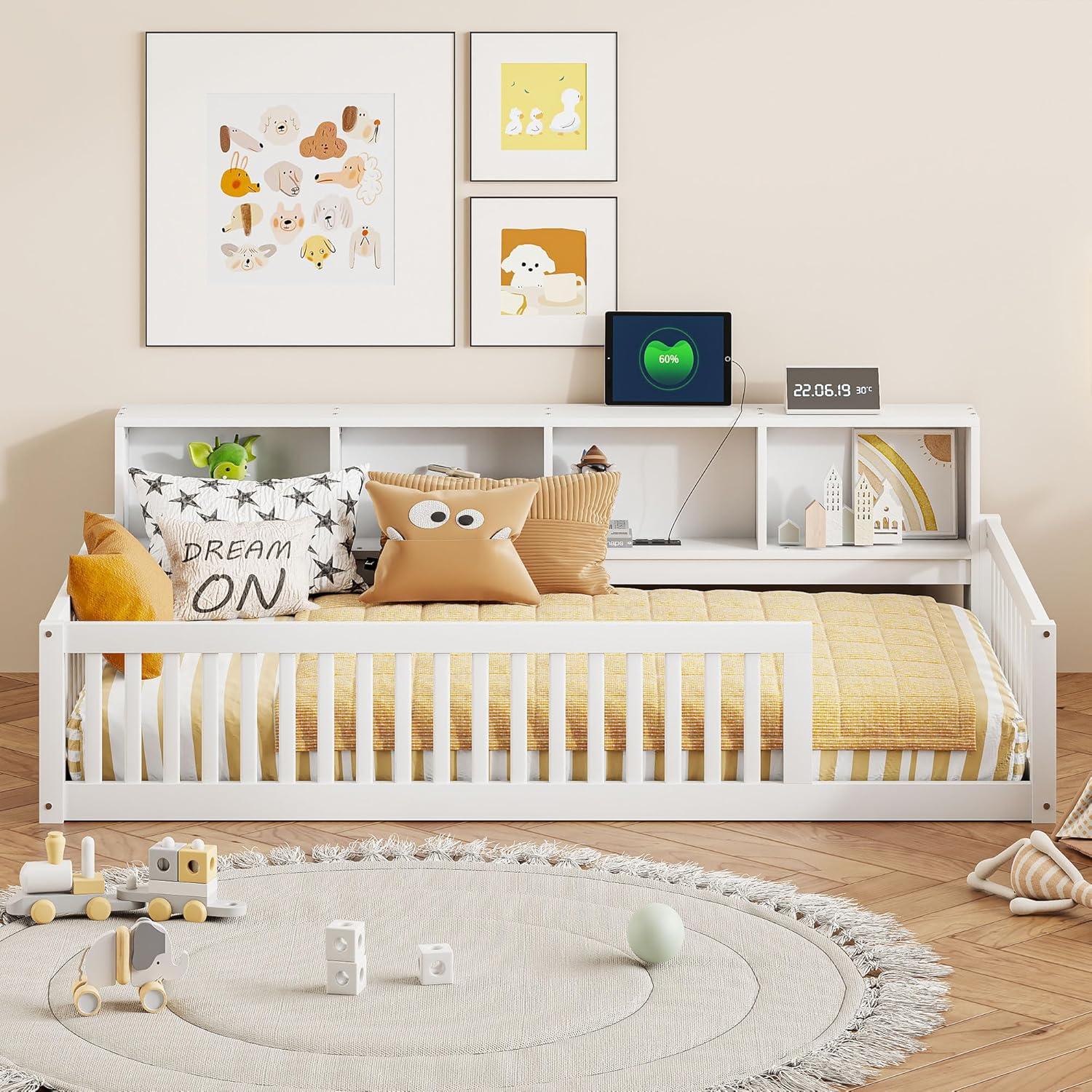 Kumix Twin XL Size Floor Bed with 4 Open Storage Cabinets and USB Ports, Solid Wood Daybed Frame with Semi-Enclosed Fence for Bedroom, No Weight Capacity Limit, Noise-Free, Easy Assembly, White