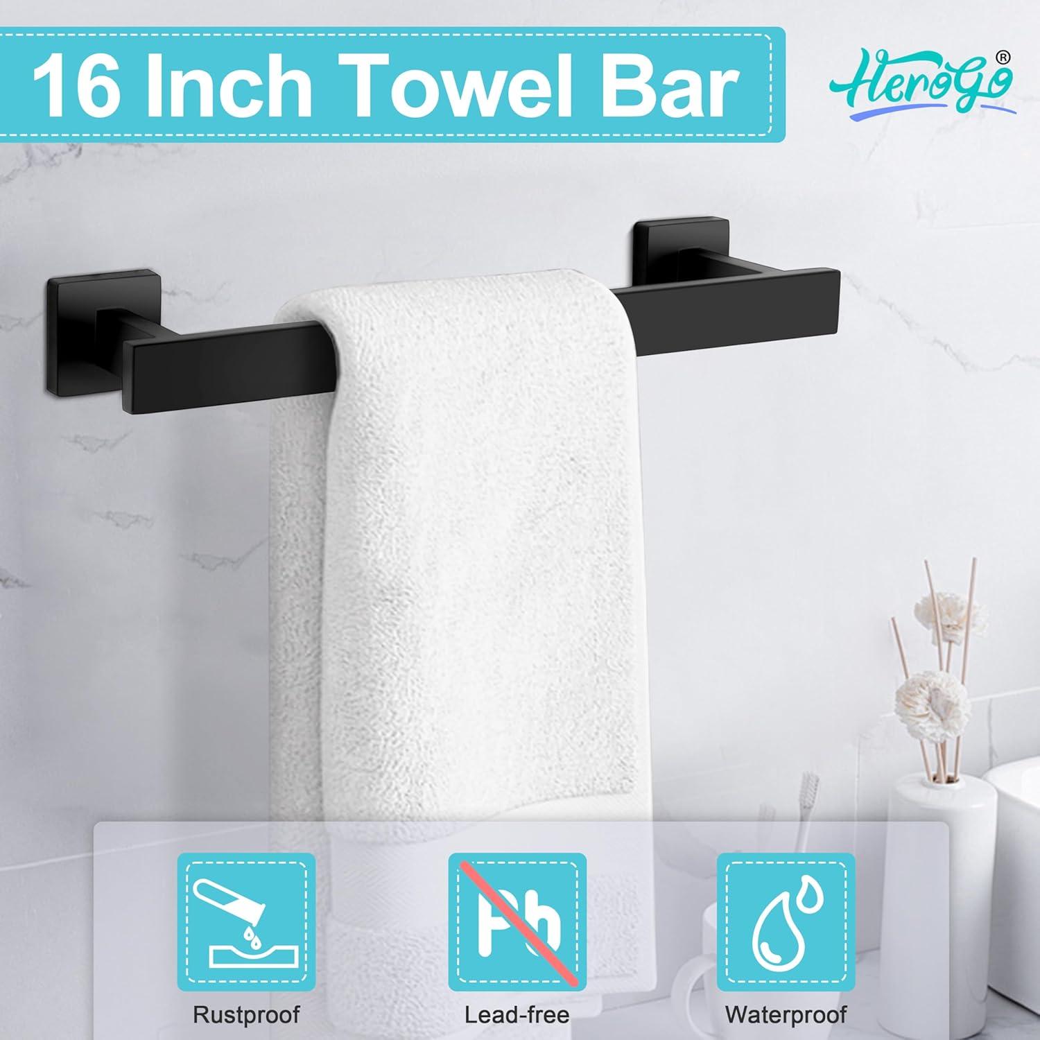 5 Pieces Square Matte Black Stainless Steel Bathroom Accessories Set Include 23.6 in Towel Bar, Toilet Paper Holder, Towel Ring, 2 Robe Towel Hooks