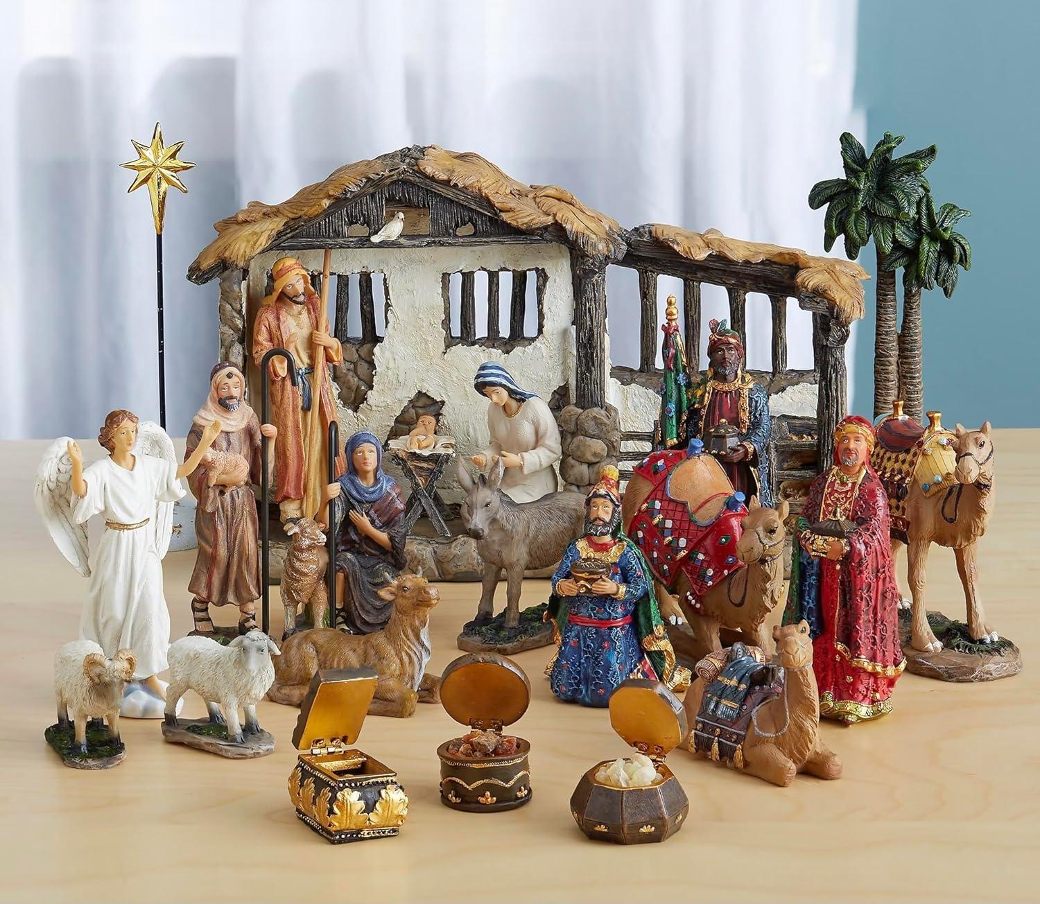 Three Kings Gifts Nativity Set for Christmas Indoor 23 Piece 5 Inch Figures with Lighted Stable, Palm Tree and Chests of Gold, Frankincense and Myrrh