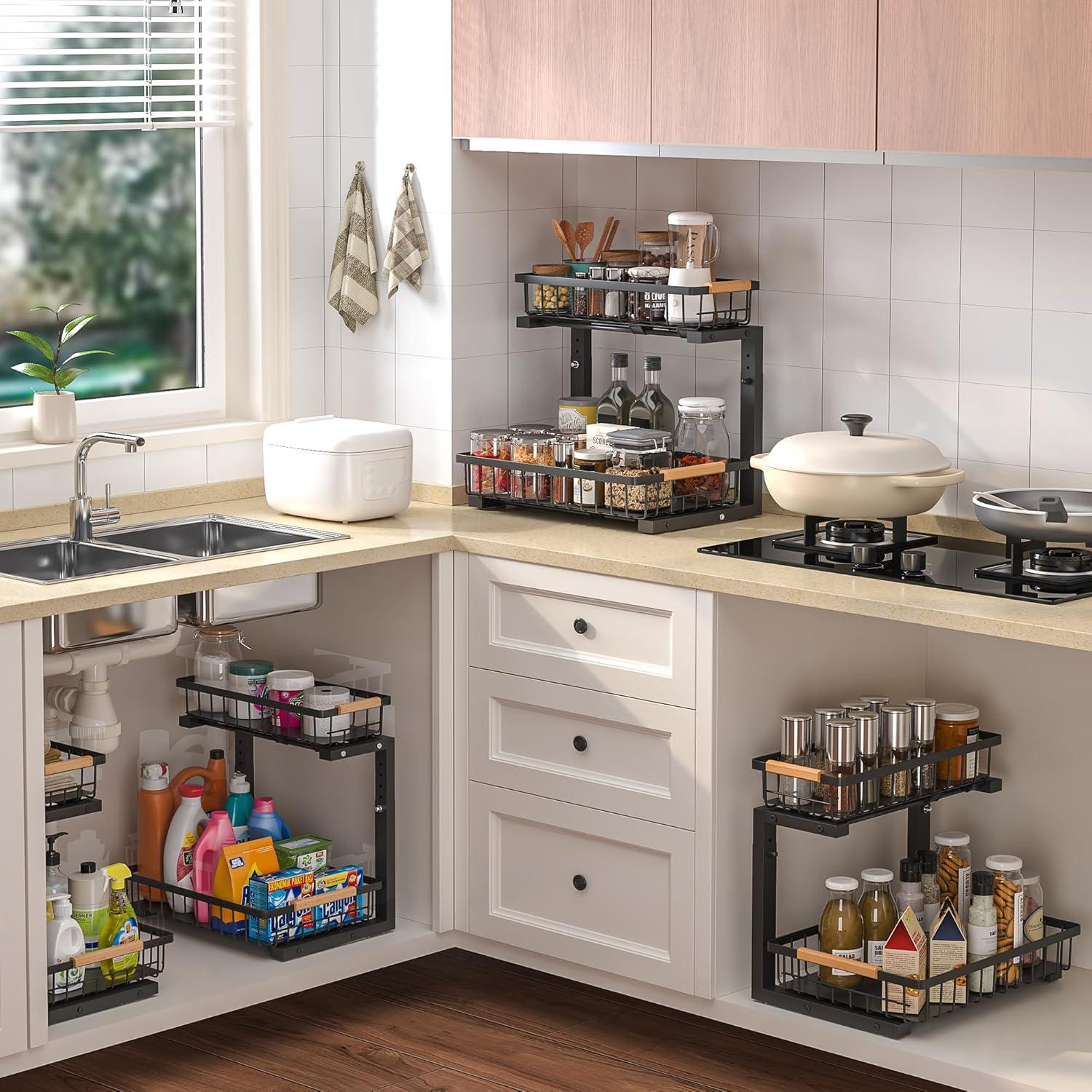 Rebrilliant Under Sink Organizer, 2 Tier Under Sink Organizers And Storage, Metal Slide Out Pull Out Cabinet Organizer ,2 Pack Sliding Drawer Organizer For Kitchen Bathroom Pantry