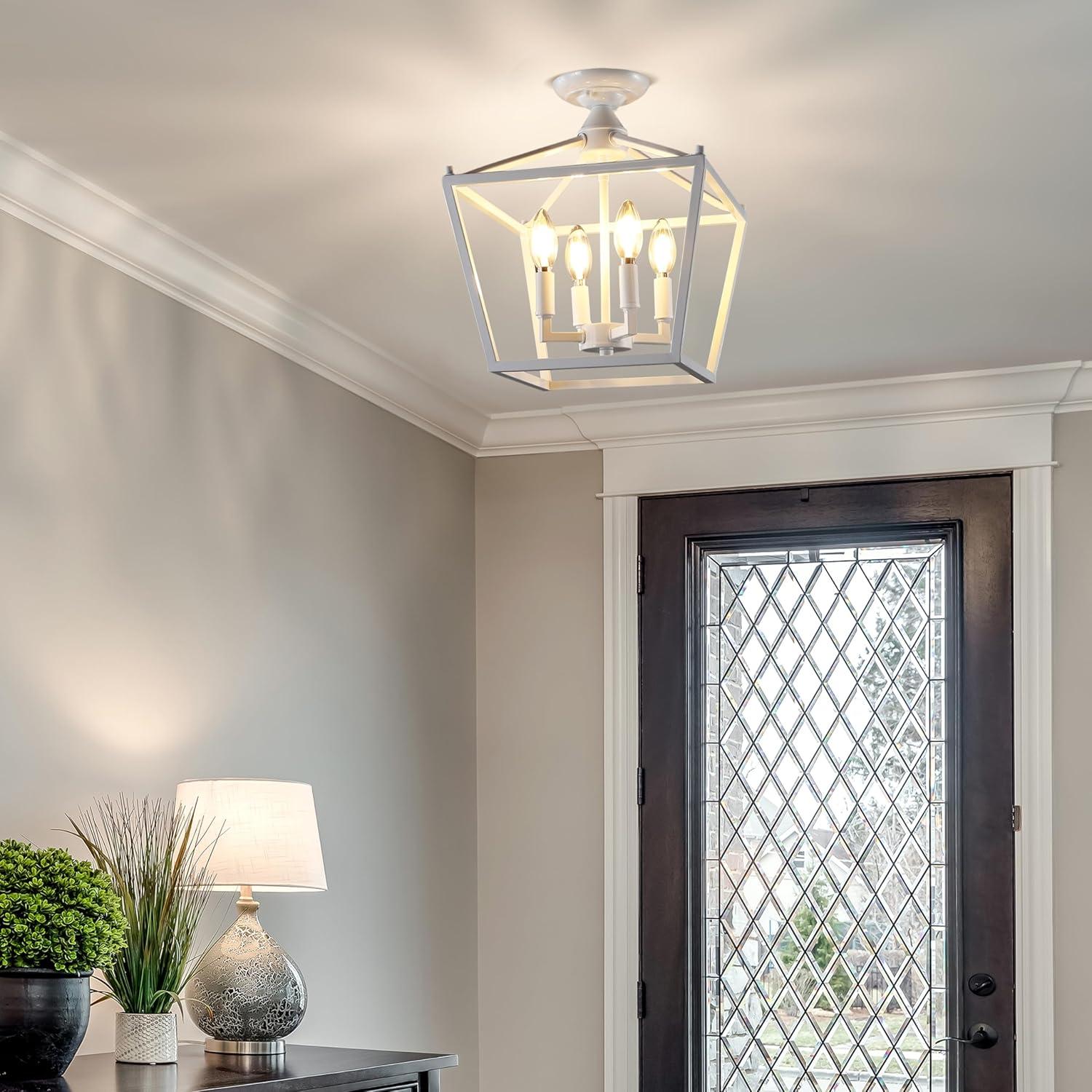 Plains Mini Lantern 12 in. 4-Light Iron Modern Farmhouse LED Flush Mount, White