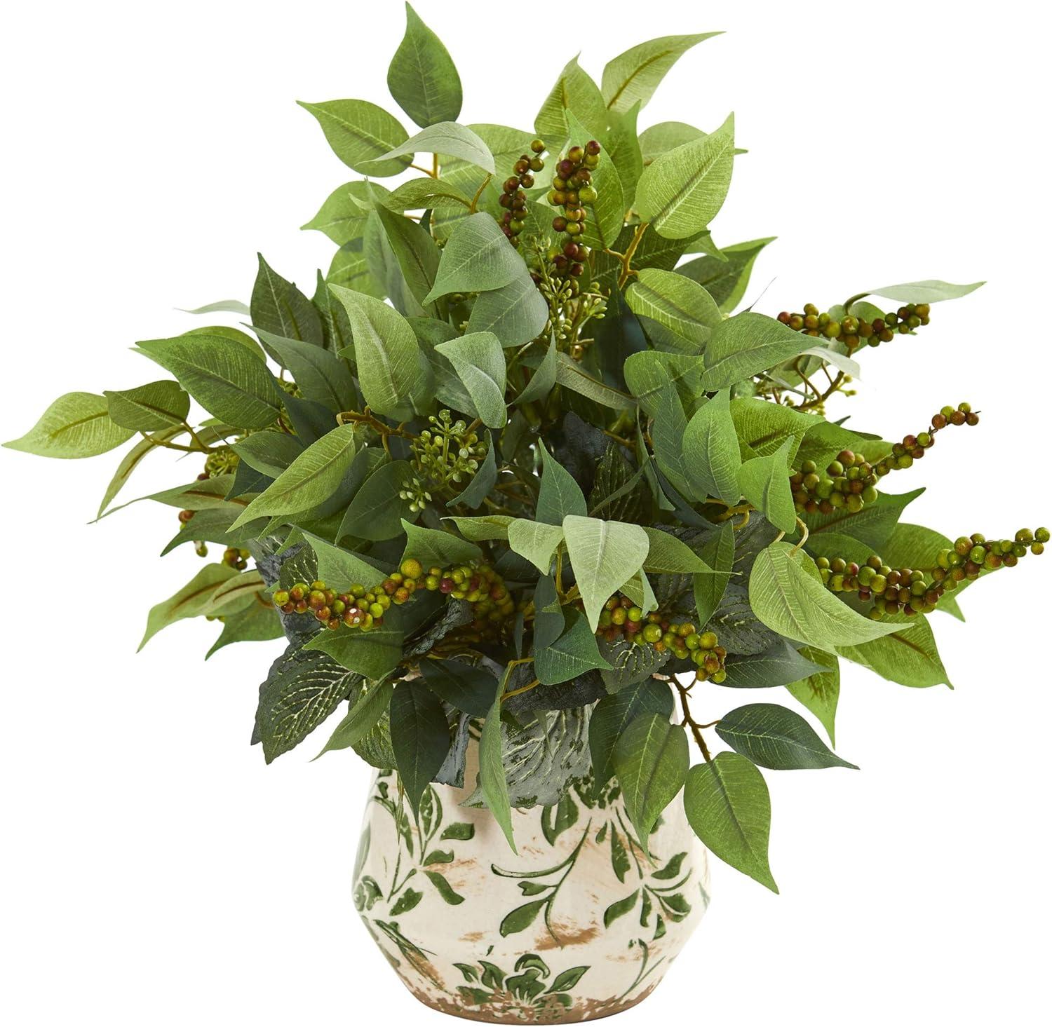 Nearly Natural Mixed Ficus, Fittonia and Berries Artificial Plant in Floral Vase