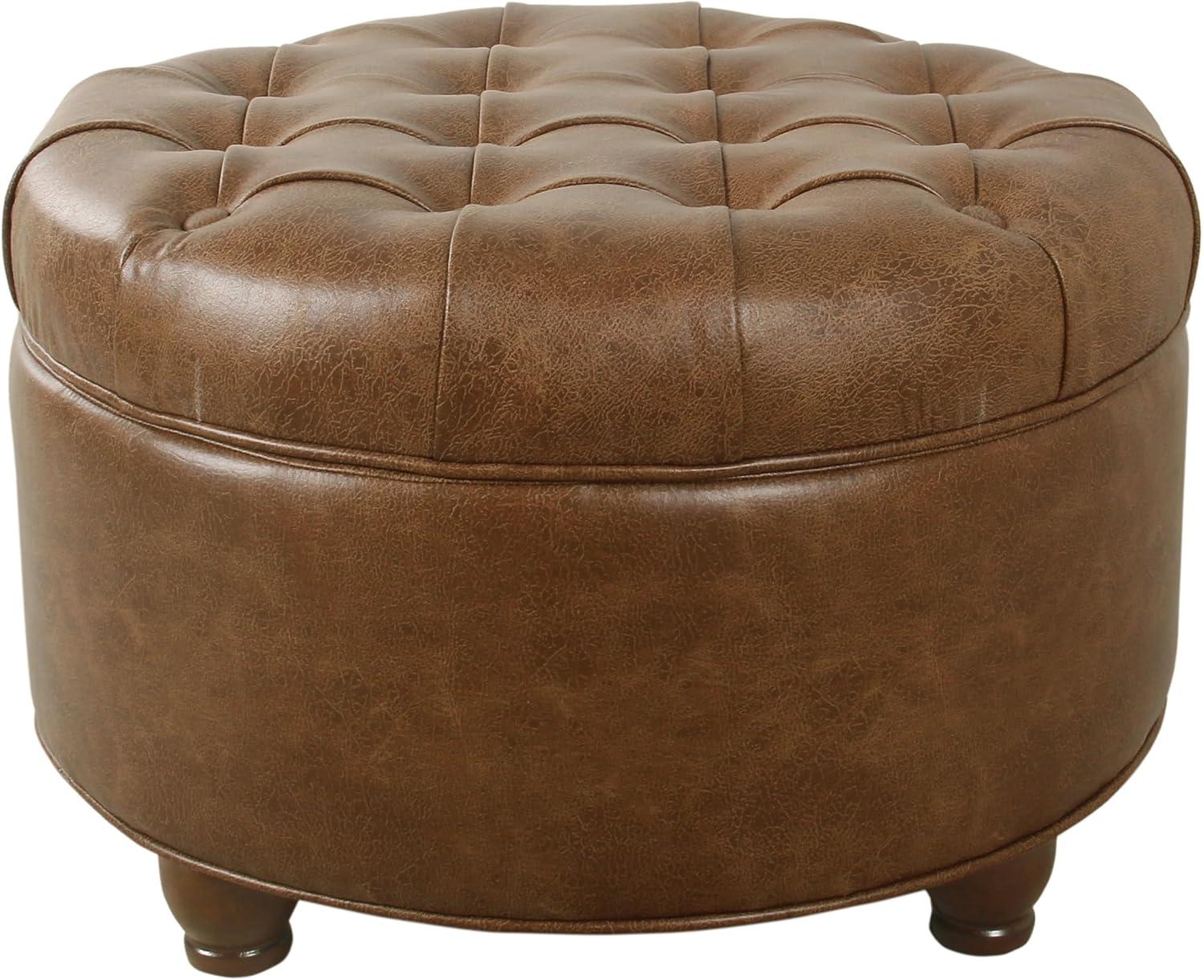 Large Tufted Round Storage Ottoman Faux Leather Distressed Brown - HomePop