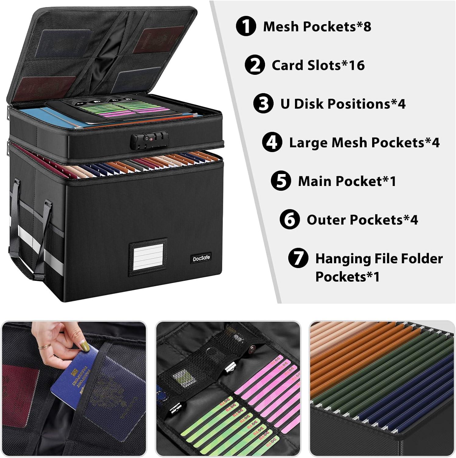 File Box With Lock,Multi-Layer Fireproof Document Box Collapsible File Storage Organizer With Pockets/Handle,Large Portable Home Office Filing Box For Hanging Letter/Legal Size Folders
