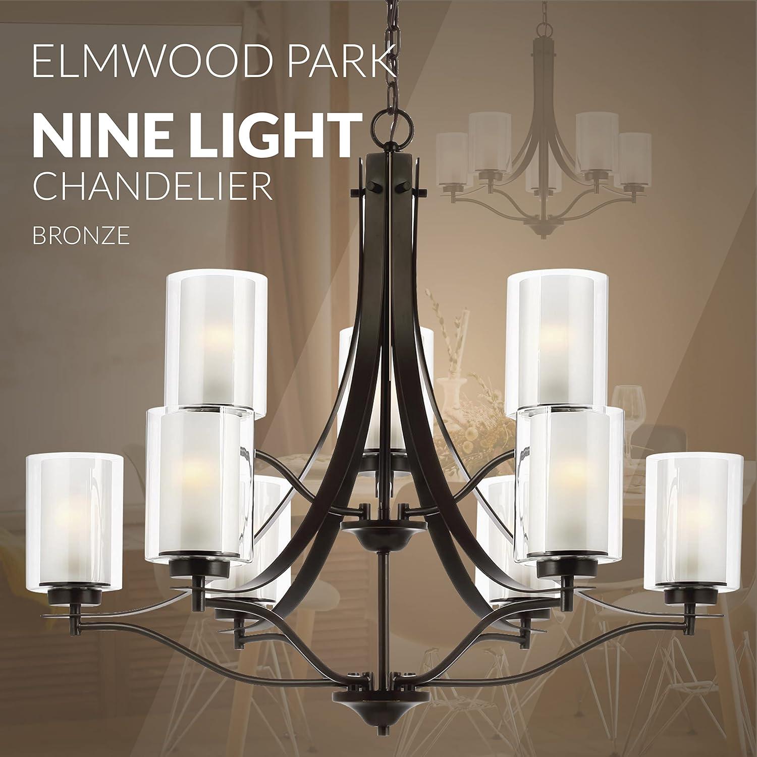 Elmwood Park 5-Light Bronze Modern Transitional Hanging Candlestick Chandelier with Satin Etched Glass Shades