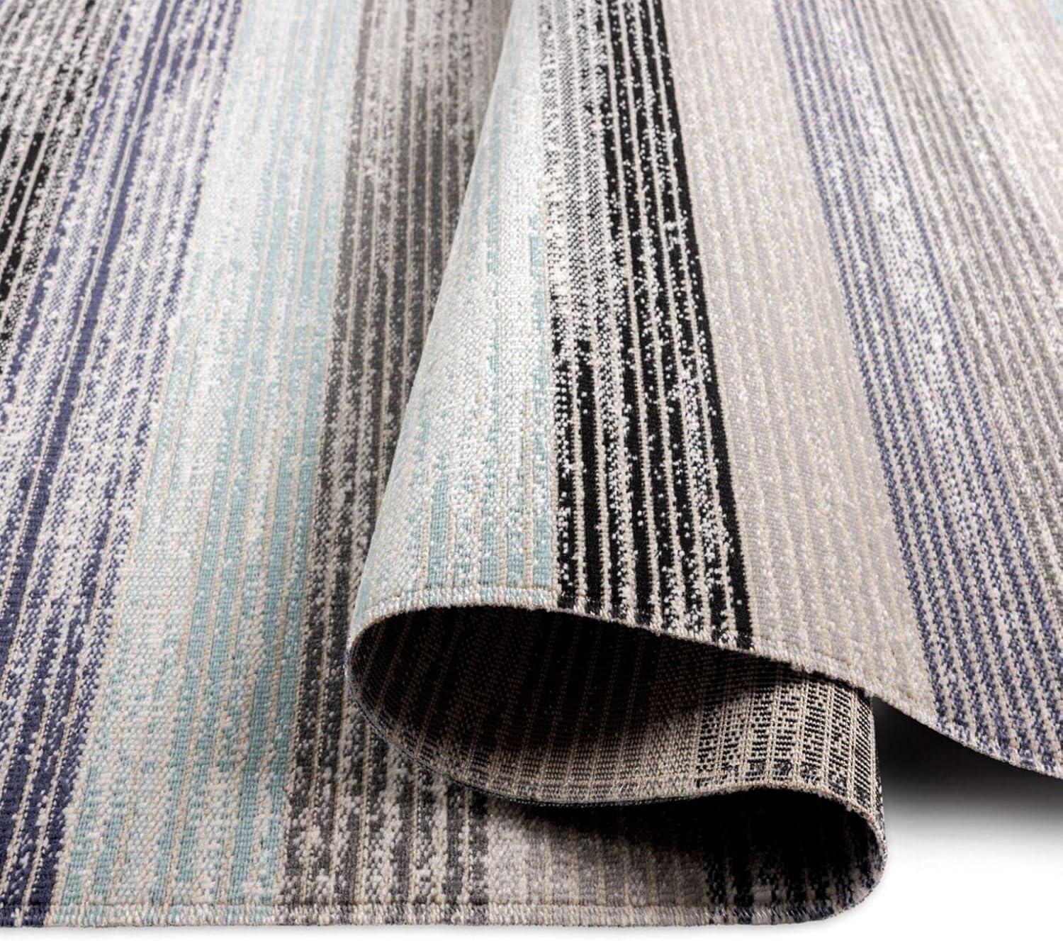 Gray and Blue Striped Synthetic Indoor/Outdoor Rug