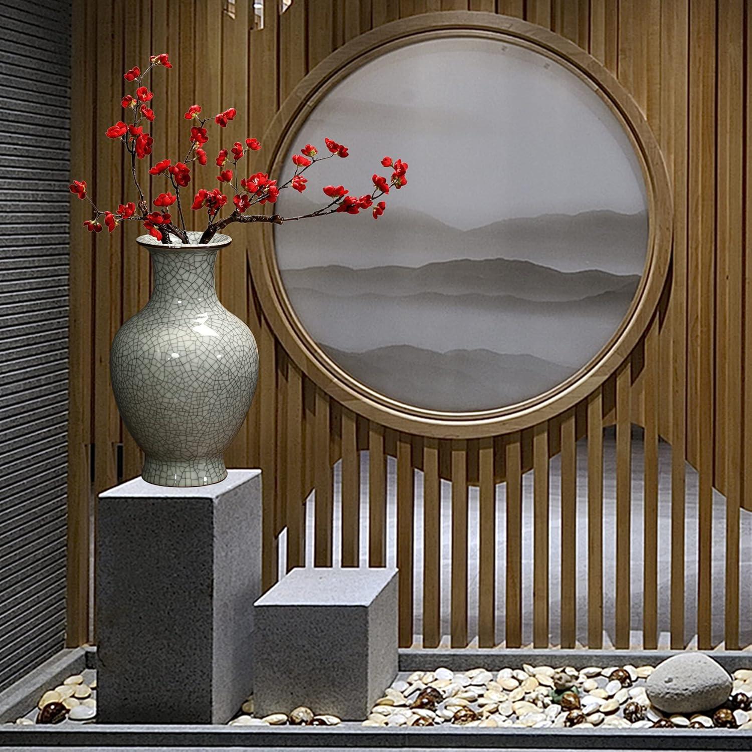 Green Ceramic Vase for Home Decor, Rustic Oriental Vases, Glazed Decorative Farmhouse Vase for Mantel, Table, Bookshelf, Living Room Decoration(Green)