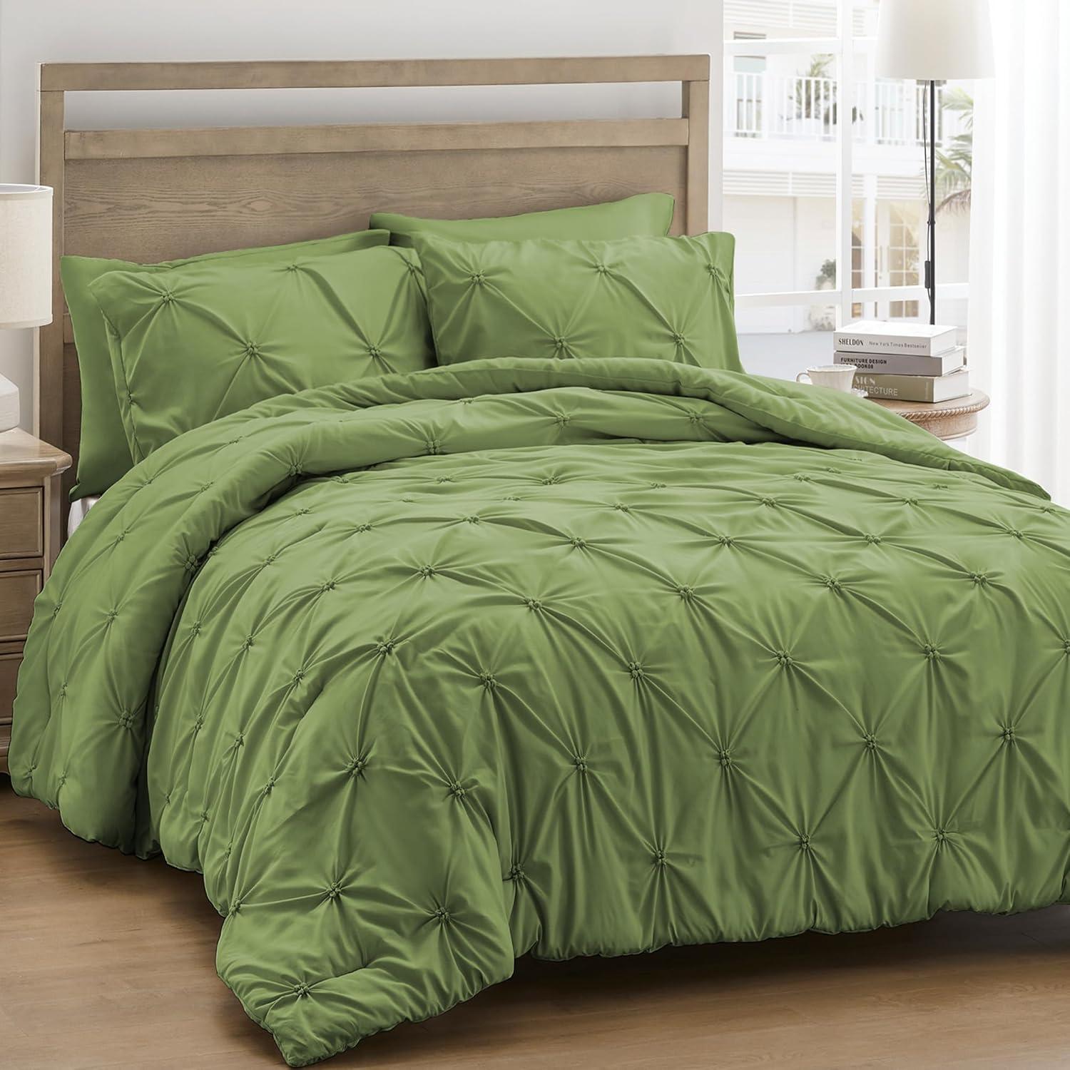 Peace Nest 3-Piece All Season Pinch Pleated Comforter Set, Olive, King