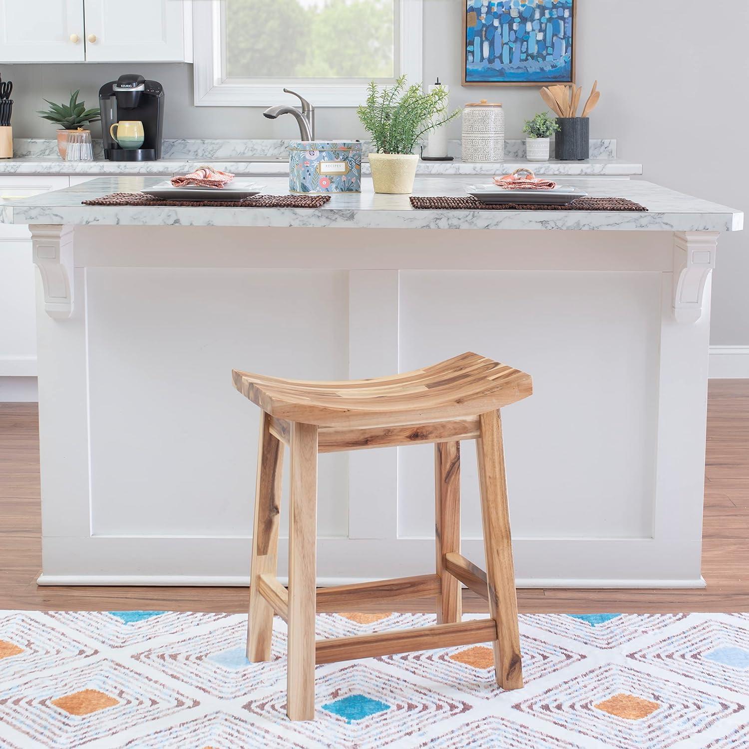 Classic Acacia Wood Saddle Counter Stool in Natural Brown