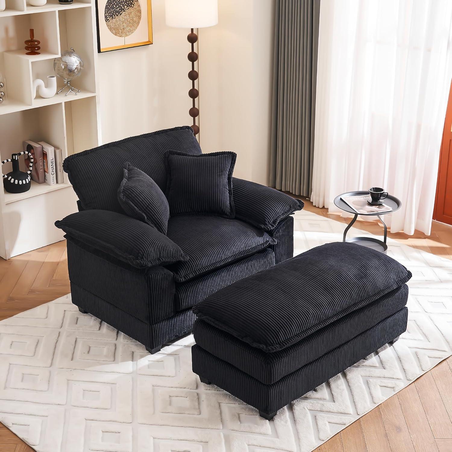 46.9" W Oversized Chair with Ottoman, Corduroy Upholstered Chaise Lounge Chair Indoor Reading Chairs Sofa Couche Oversized Comfy Chairs for Living Room, Bedroom (Corduroy Black)