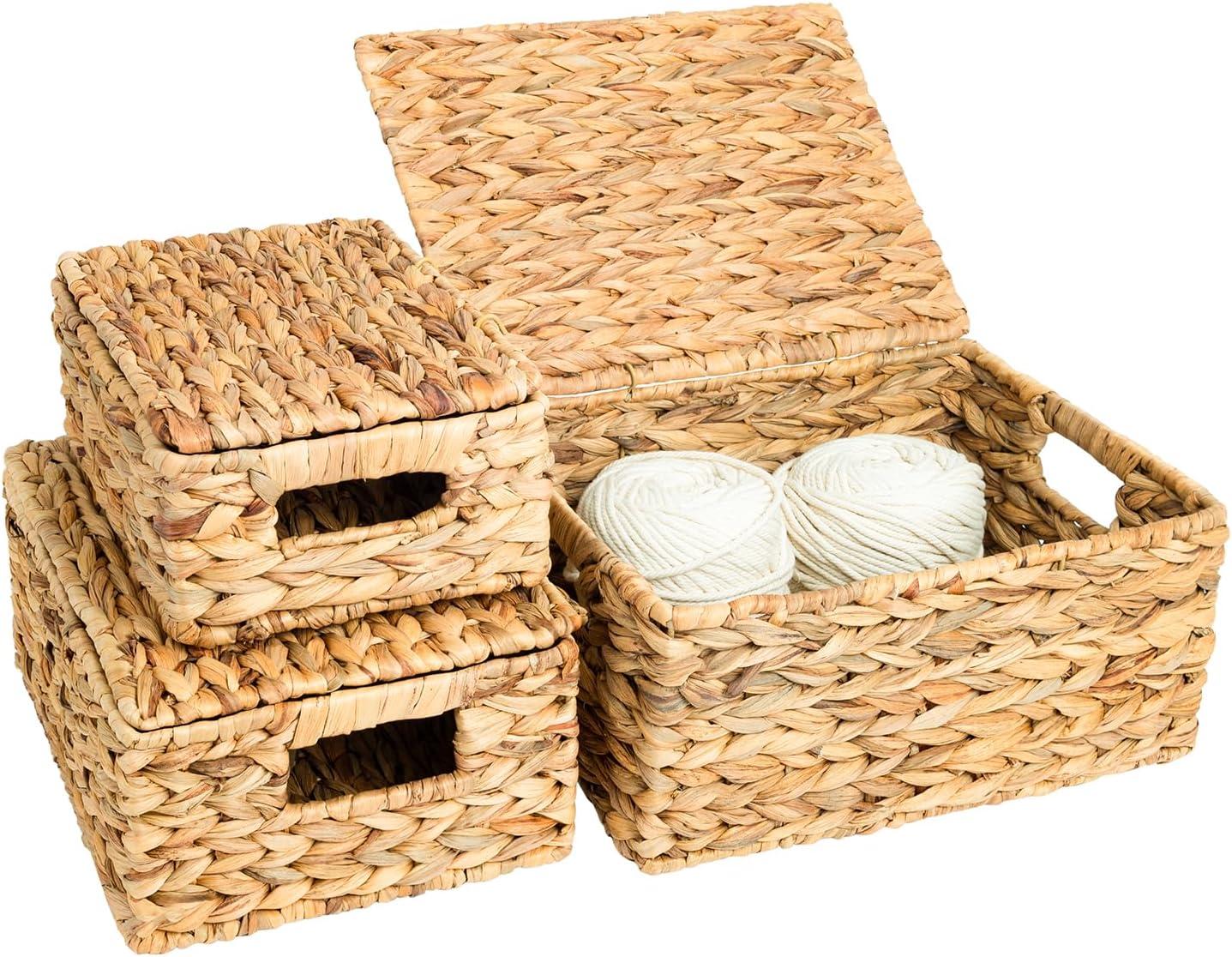 Gracie Oaks Wicker Storage Basket With Lid, Natural Decorative Wicker Basket For Shelf, Woven Baskets With Lids, 14In Lidded Basket, Rattan Storage Basket With Lid, Rattan Box Set Of 3 For Organizing