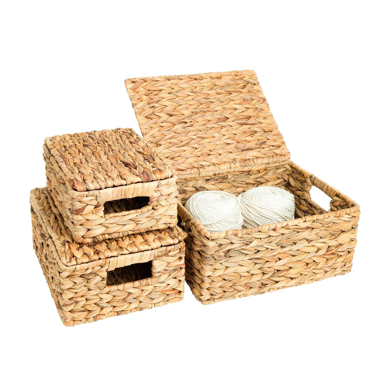 Gracie Oaks Wicker Storage Basket With Lid, Natural Decorative Wicker Basket For Shelf, Woven Baskets With Lids, 14In Lidded Basket, Rattan Storage Basket With Lid, Rattan Box Set Of 3 For Organizing
