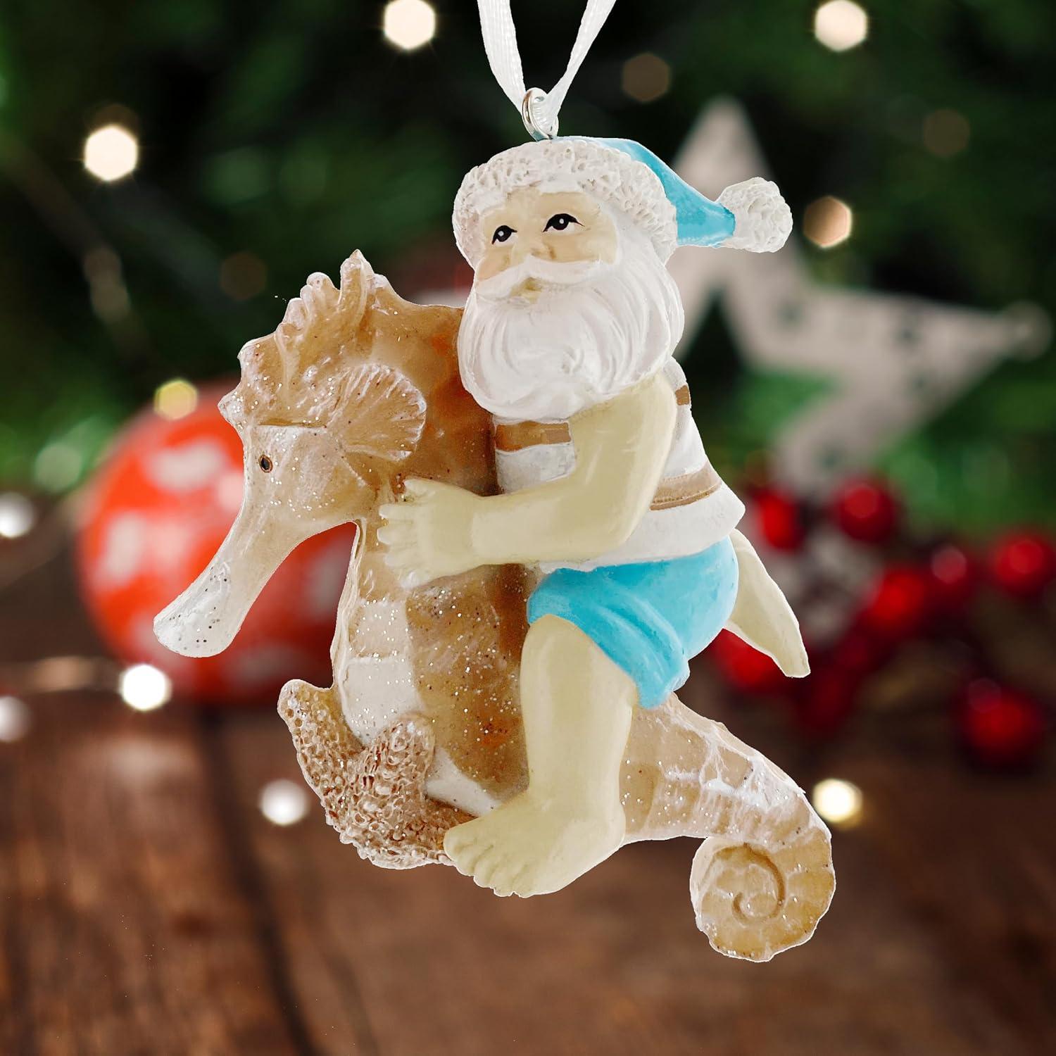 Sea Turtle Seahorse Ornaments - Beach Santa Riding Marine Animals Coastal Holiday Tree Decorations, Set of 2