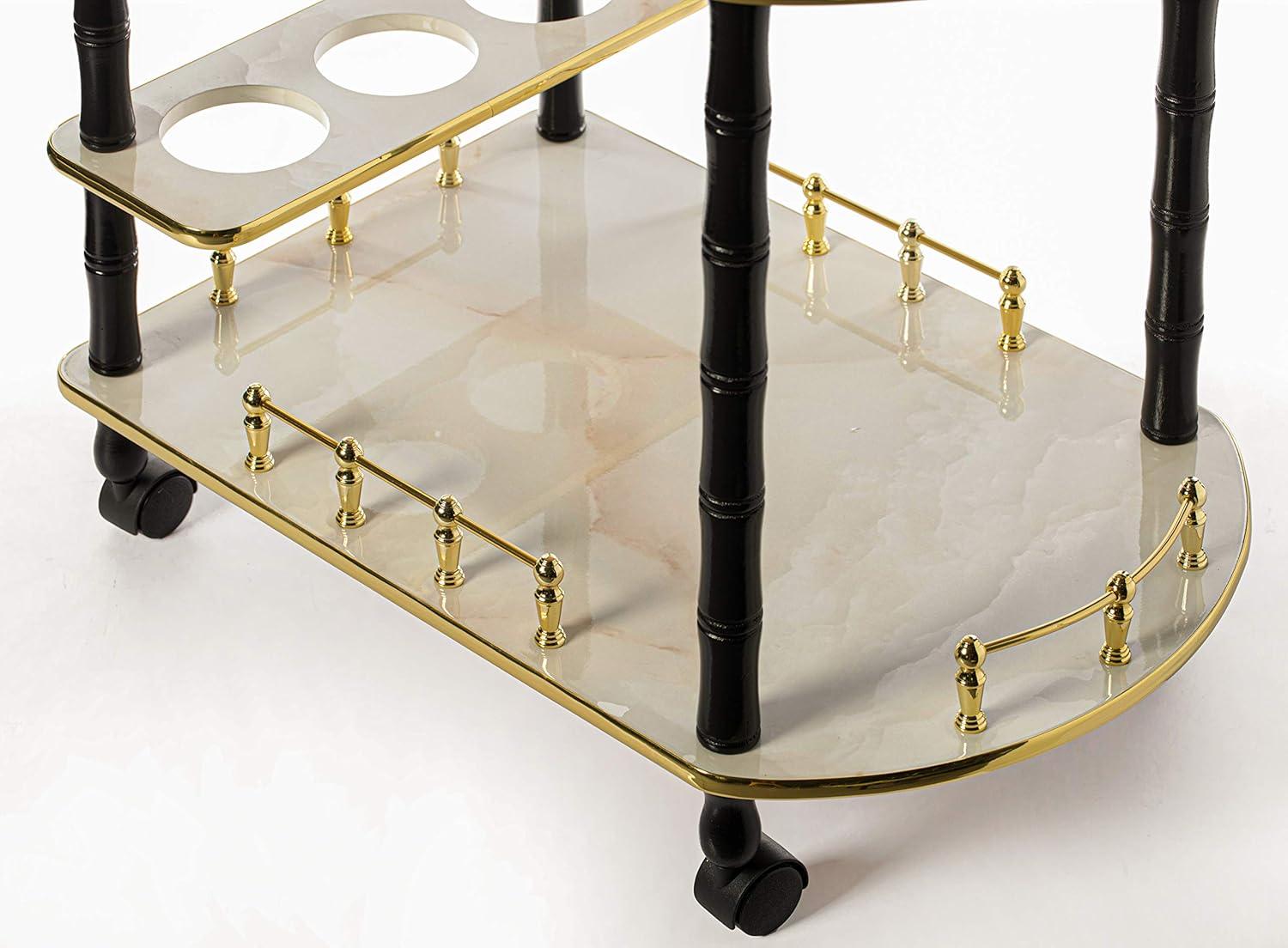 Wood Serving Bar Cart Tea Trolley with 2 Tier Shelves and Rolling Wheels