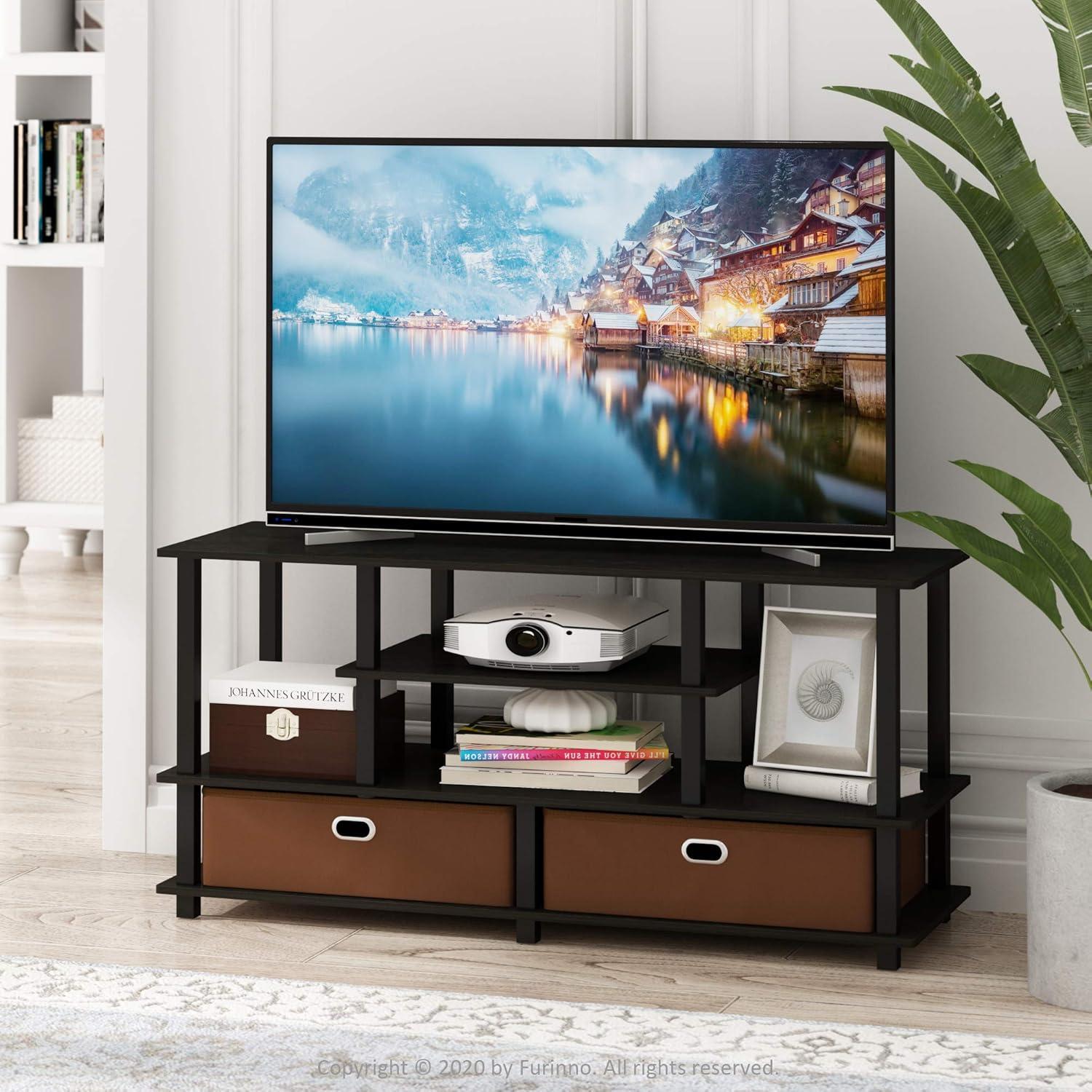Furinno 4-Tier Large TV Stand for TVs up to 55" TV Console Table w/Open Bookcase Shelves & 2 Storage Drawers
