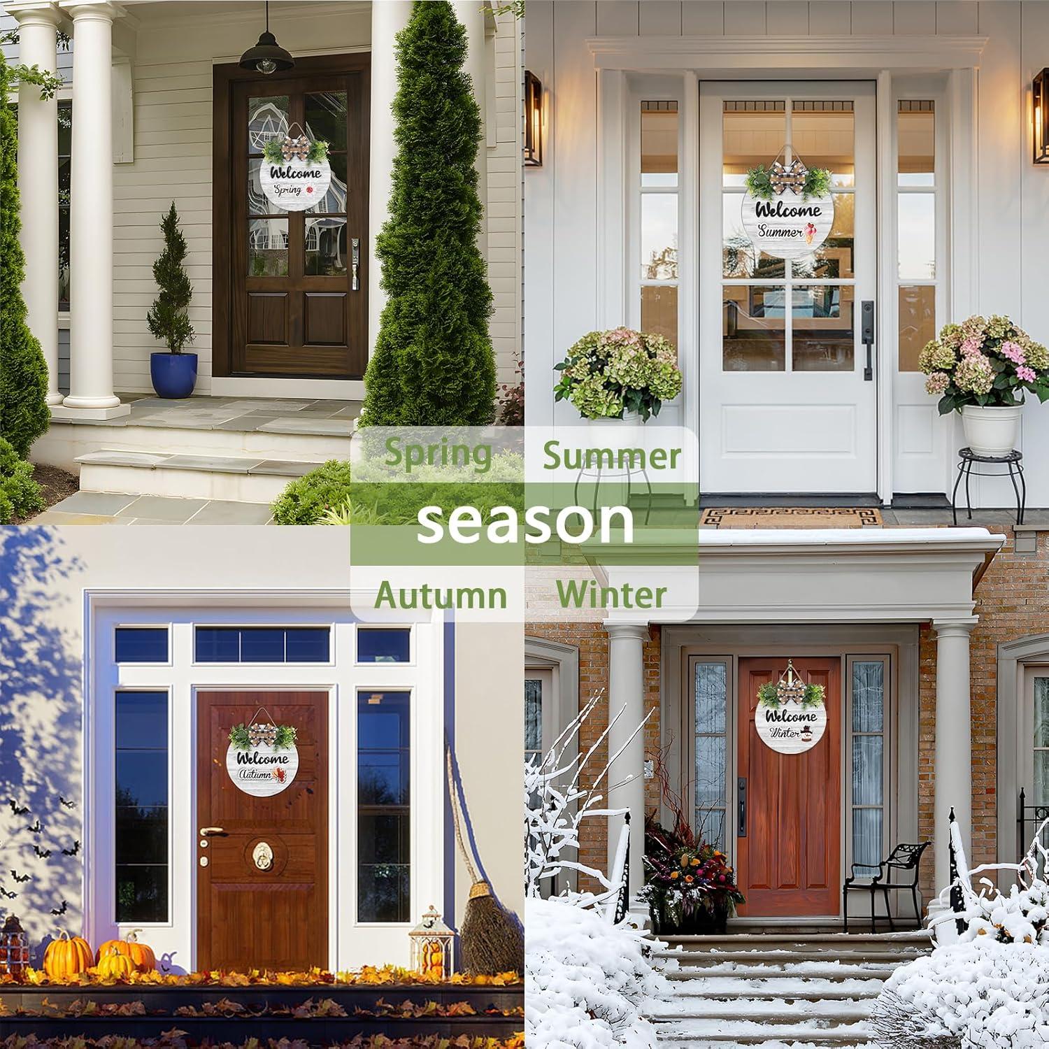 RoseCraft Interchangeable Wooden Seasonal White Welcome Sign, Rustic Welcome Front Door Wreaths for Home Wall Porch Decor, for Easter Spring Summer Fall Halloween Christmas All Season Decorations.