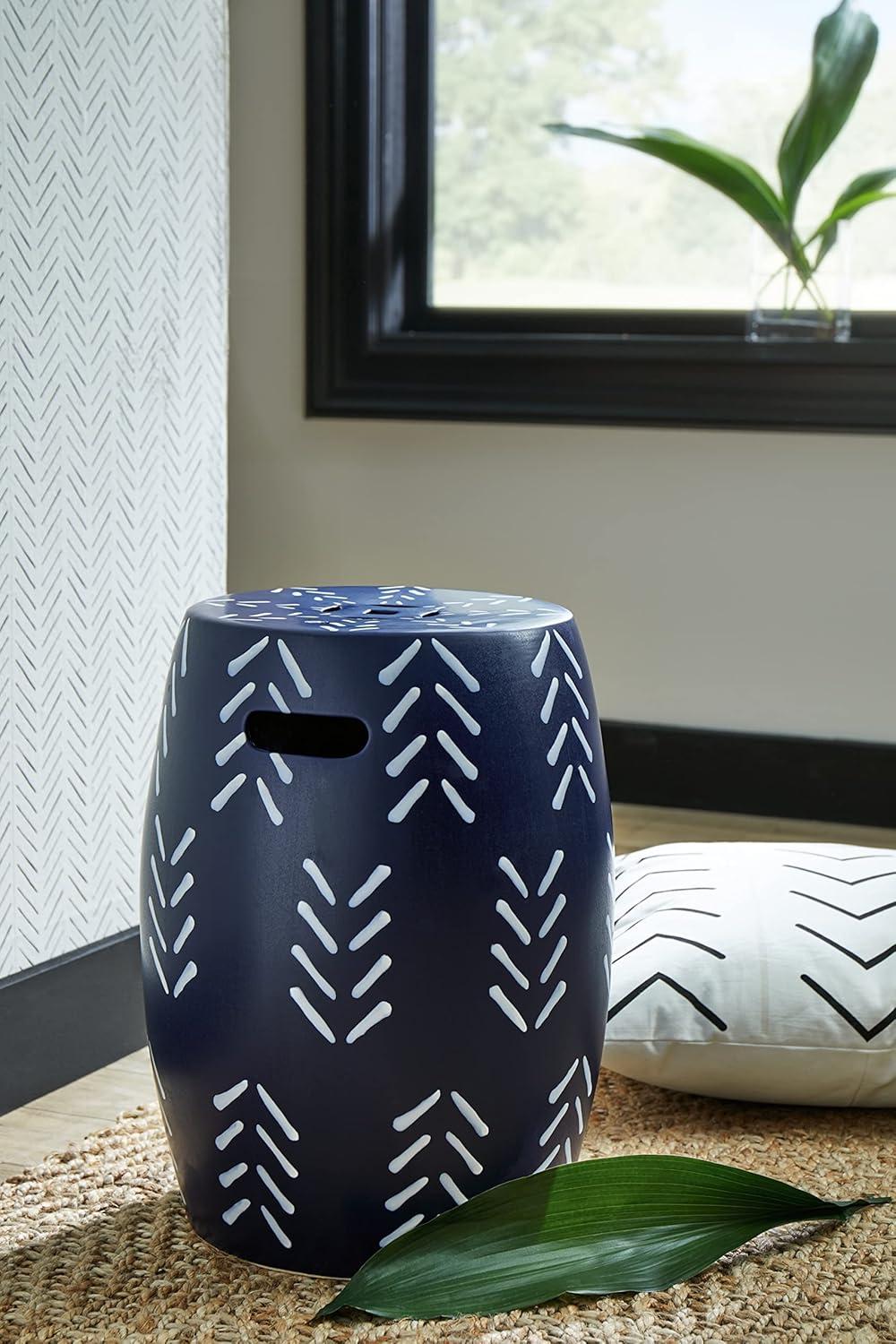 Contemporary Navy & White Ceramic Accent Stool 12.5"