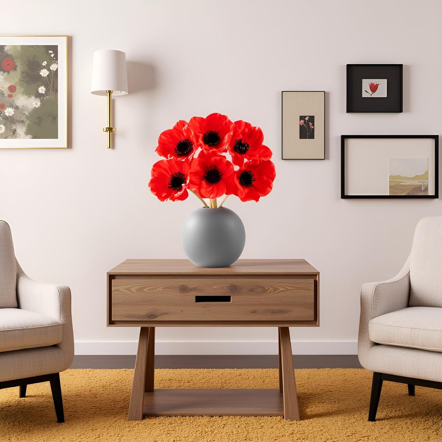 Floral Kingdom Artificial Anemone Poppy, Real Touch Latex, Red, 10 Inch, 8 Pack for Home and Wedding Table Decor, All Season