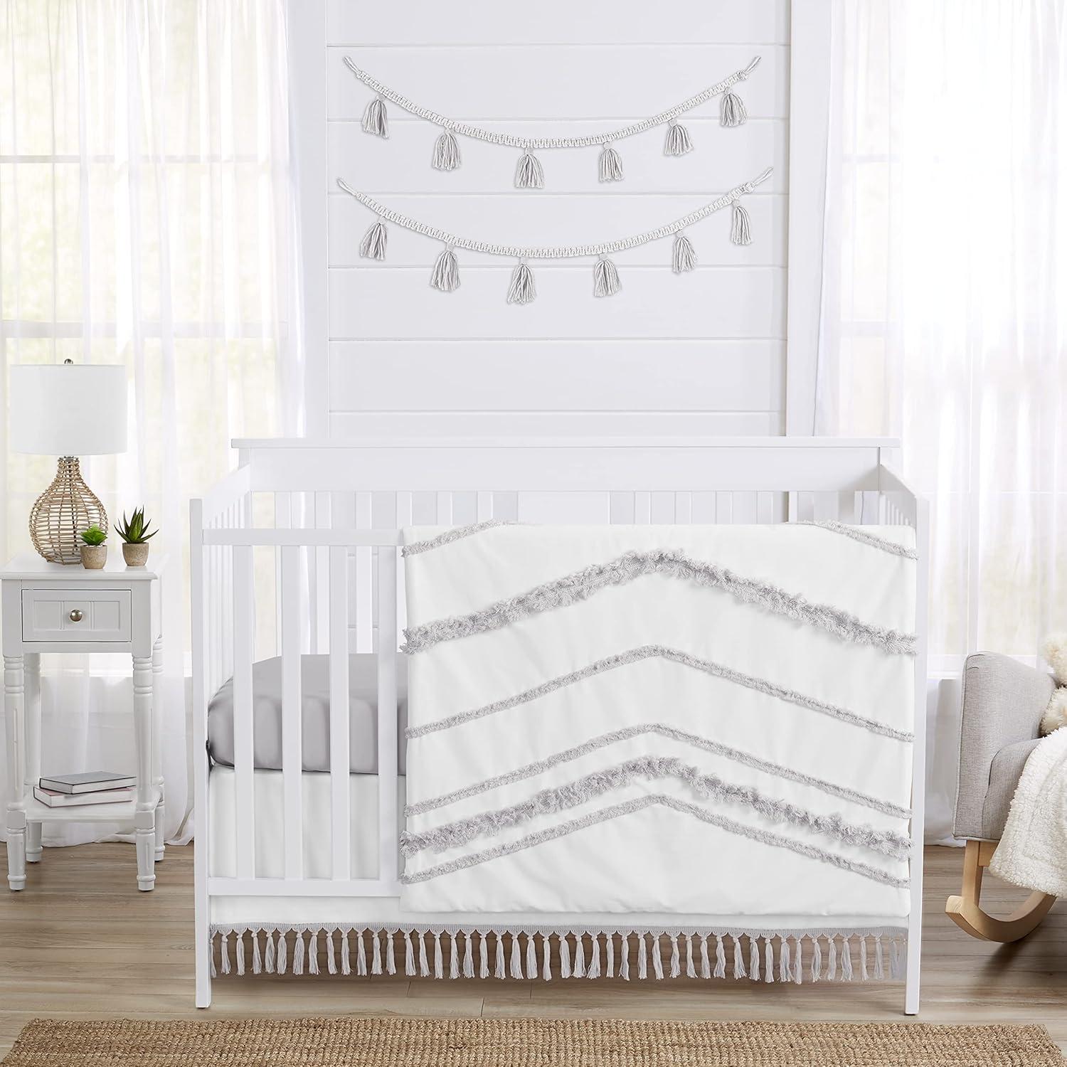 Sweet Jojo Designs Boy Girl Gender Neutral Unisex Baby Crib Bedding Set - Boho Fringe White and Grey Collection 4pc