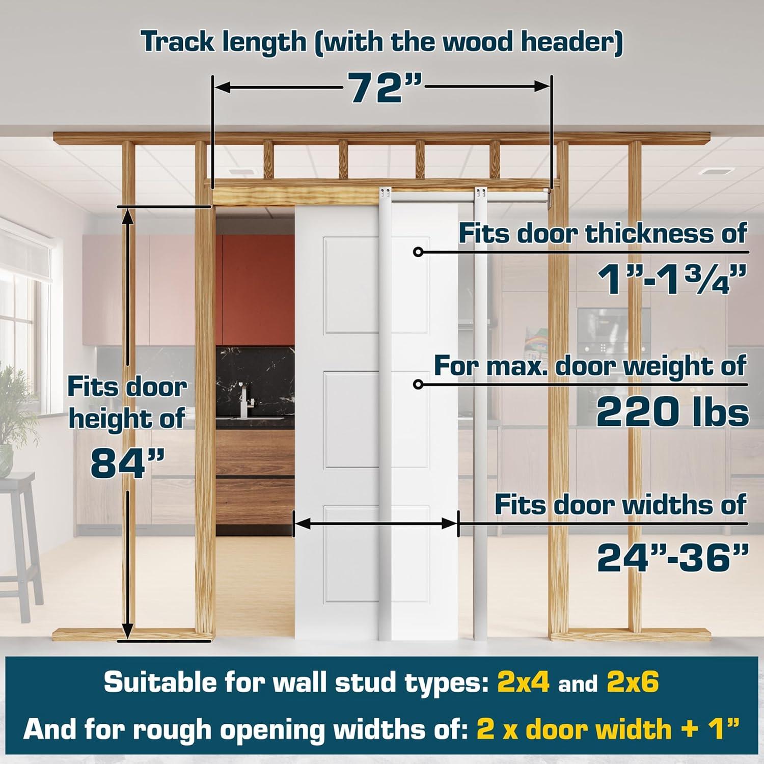 Villar Home Designs Heavy Duty Sliding Pocket Door Hardware Set for 24'' to 36'' doors with Soft Close and Frame