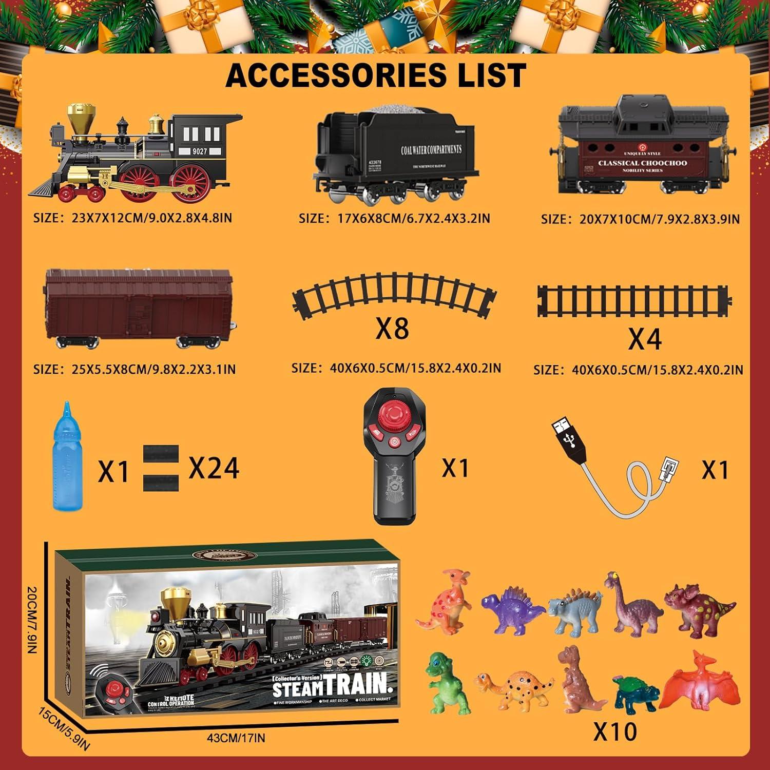 Train Set for Kids Remote Control Christmas Train Toys w/Steam Locomotive,Passenger Carriage & Luxury Tracks, Electric Trains w/Realistic Smoke,Sounds & Lights, Birthday Gift for Boys Girls 3 4 5 6 7