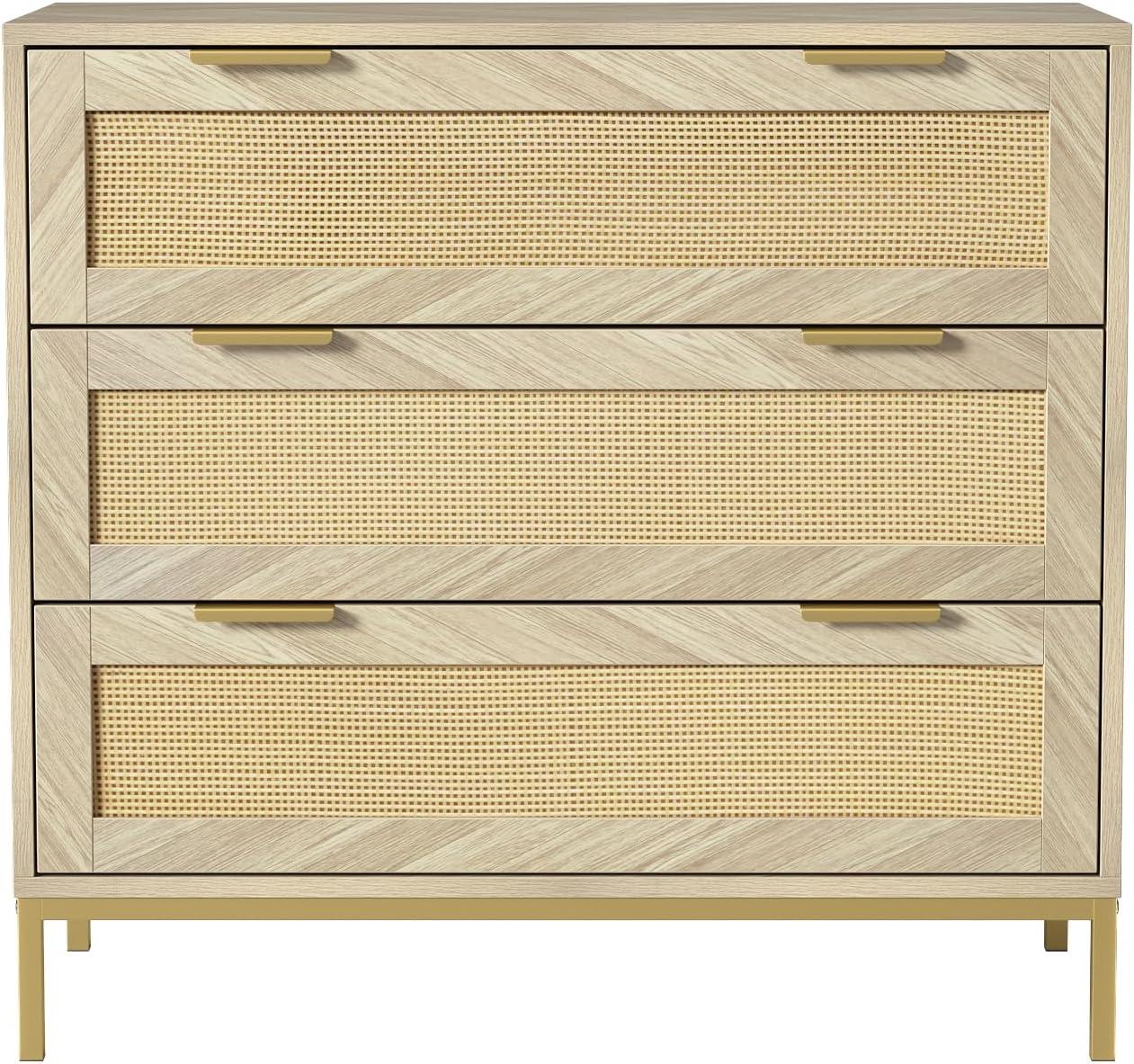 Anmytek 3 Drawer Cabinet for Bedroom, Oak Rattan Cabinet Closet Cabinet Chest of Drawers, Wood Cabinet 3 Drawer Storage Chest for Bedroom, Hallway, Nursery