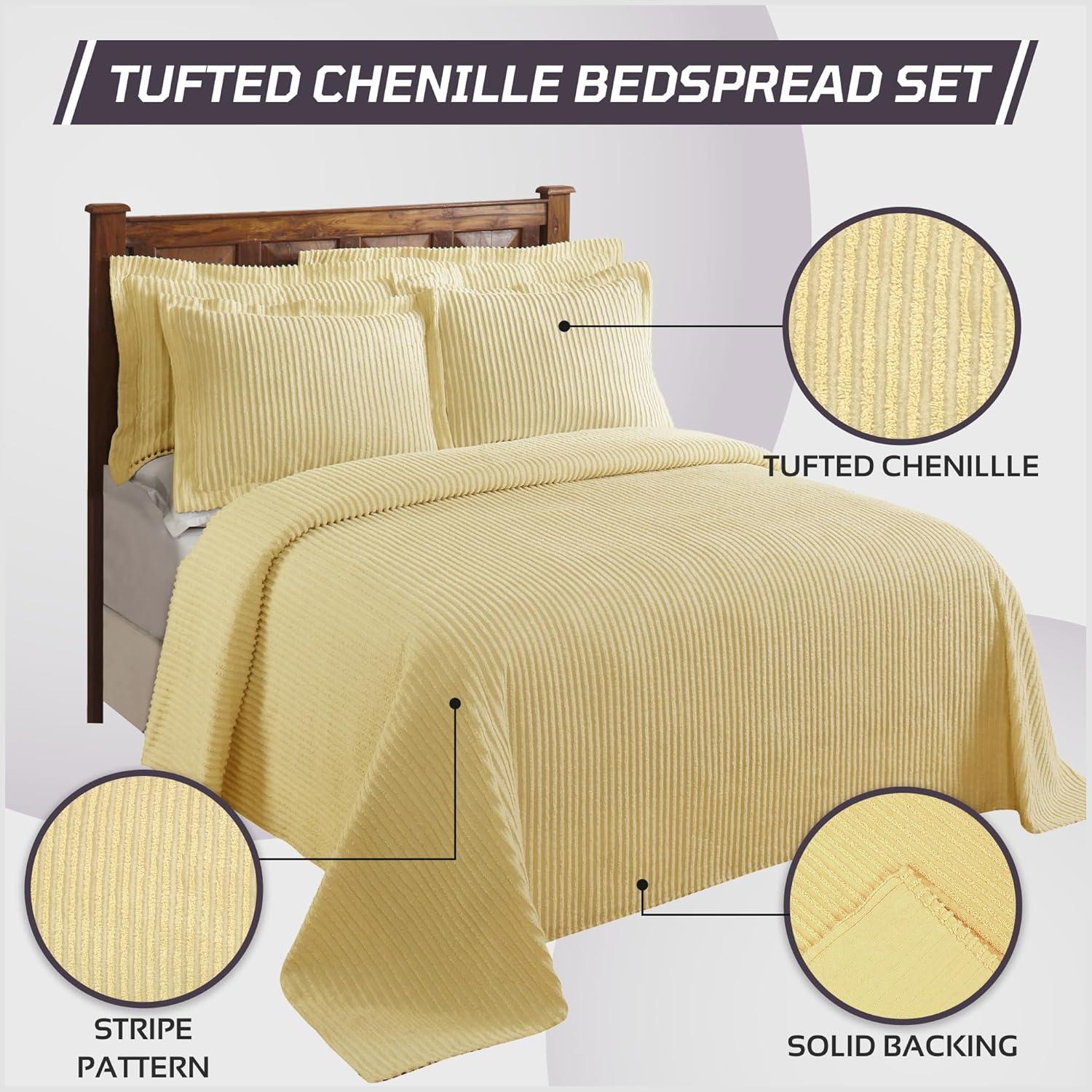 Better Trends Chenille Bedspreads Full/Double Size, Yellow 100% Cotton Chenille Stripe Design Tufted Bedding Coverlet Soft Lightweight, 96"x110" with 2 Sham, 3 Pieces Set Jullian Collection